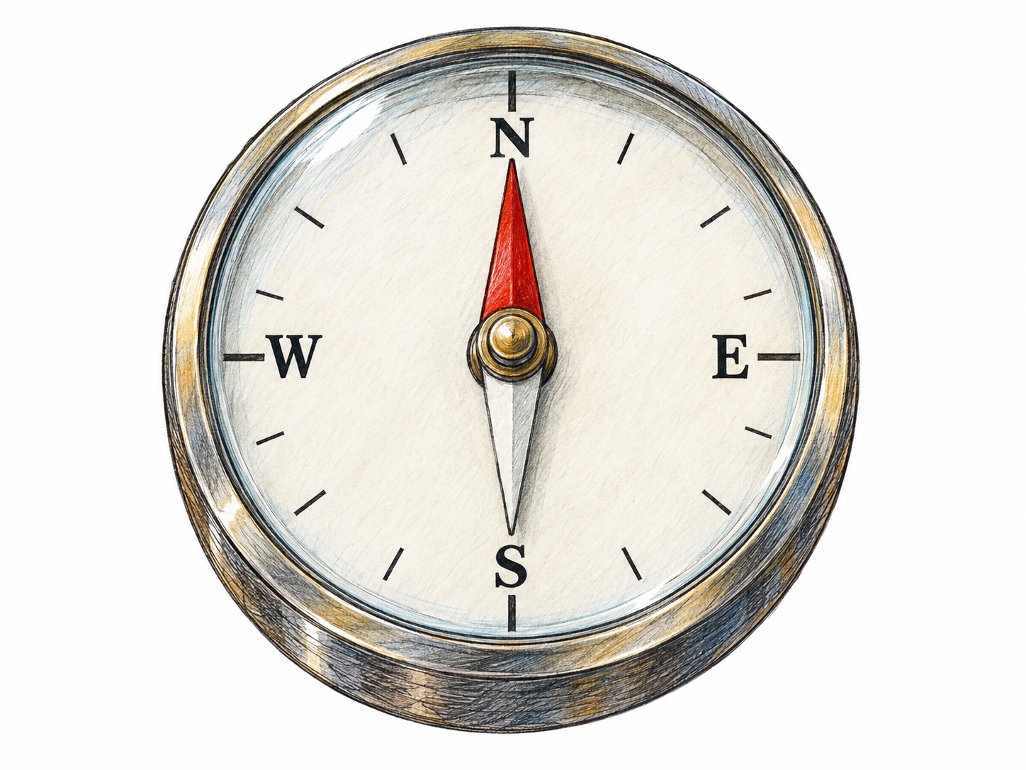 A close-up of a magnetic compass, with a freely pivoting red-and-white needle pointing toward the N on its clearly marked directional dial.