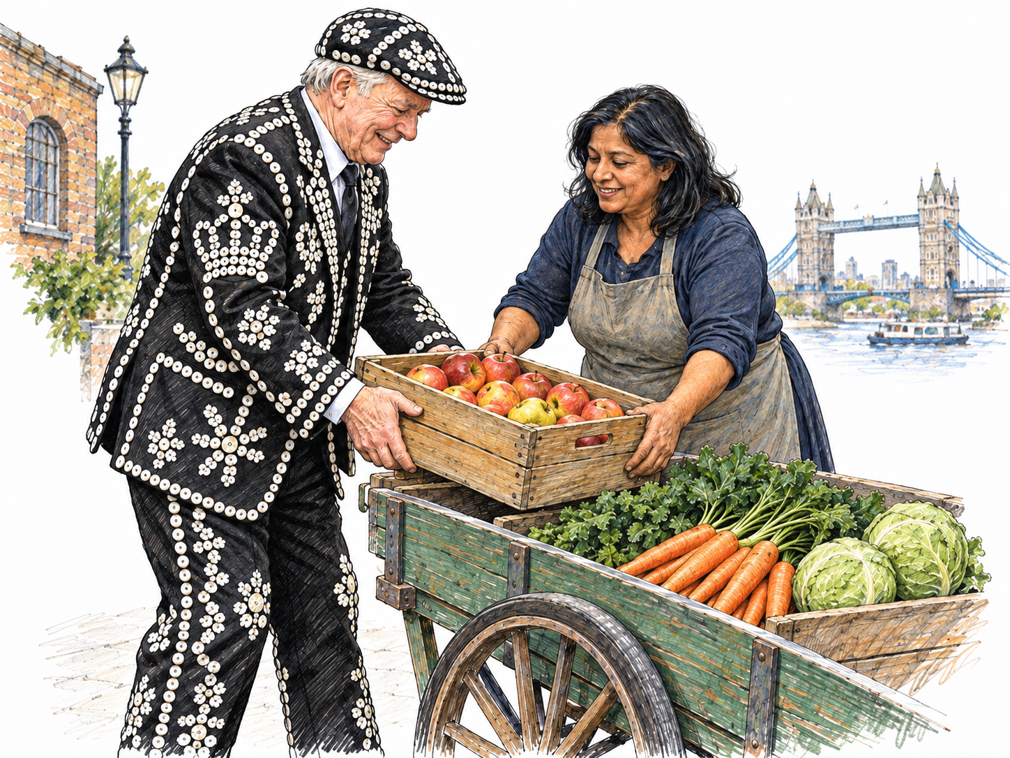 A Cockney pearly king helping at an East London produce stall: a recognizable local cultural tradition anchored in an ordinary working market rather than an isolated theatrical costume.