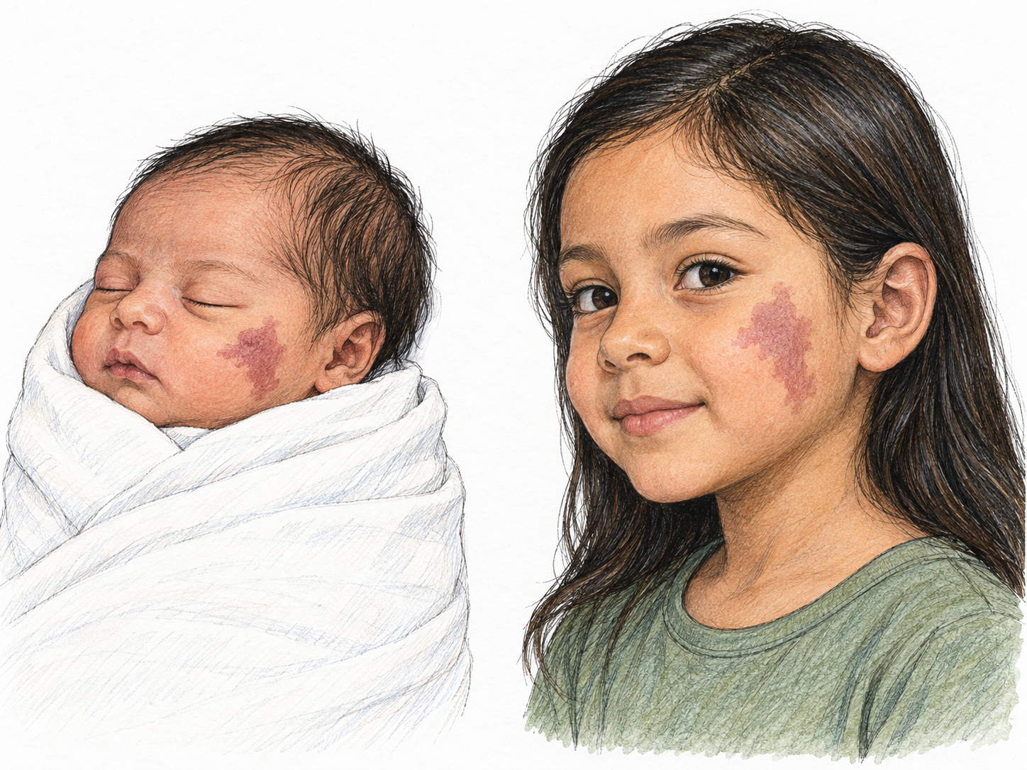 Two adjacent views of the same girl—first as a newborn, then at age six—with the same distinctive birthmark on her cheek, making a trait present from birth visibly recognizable.