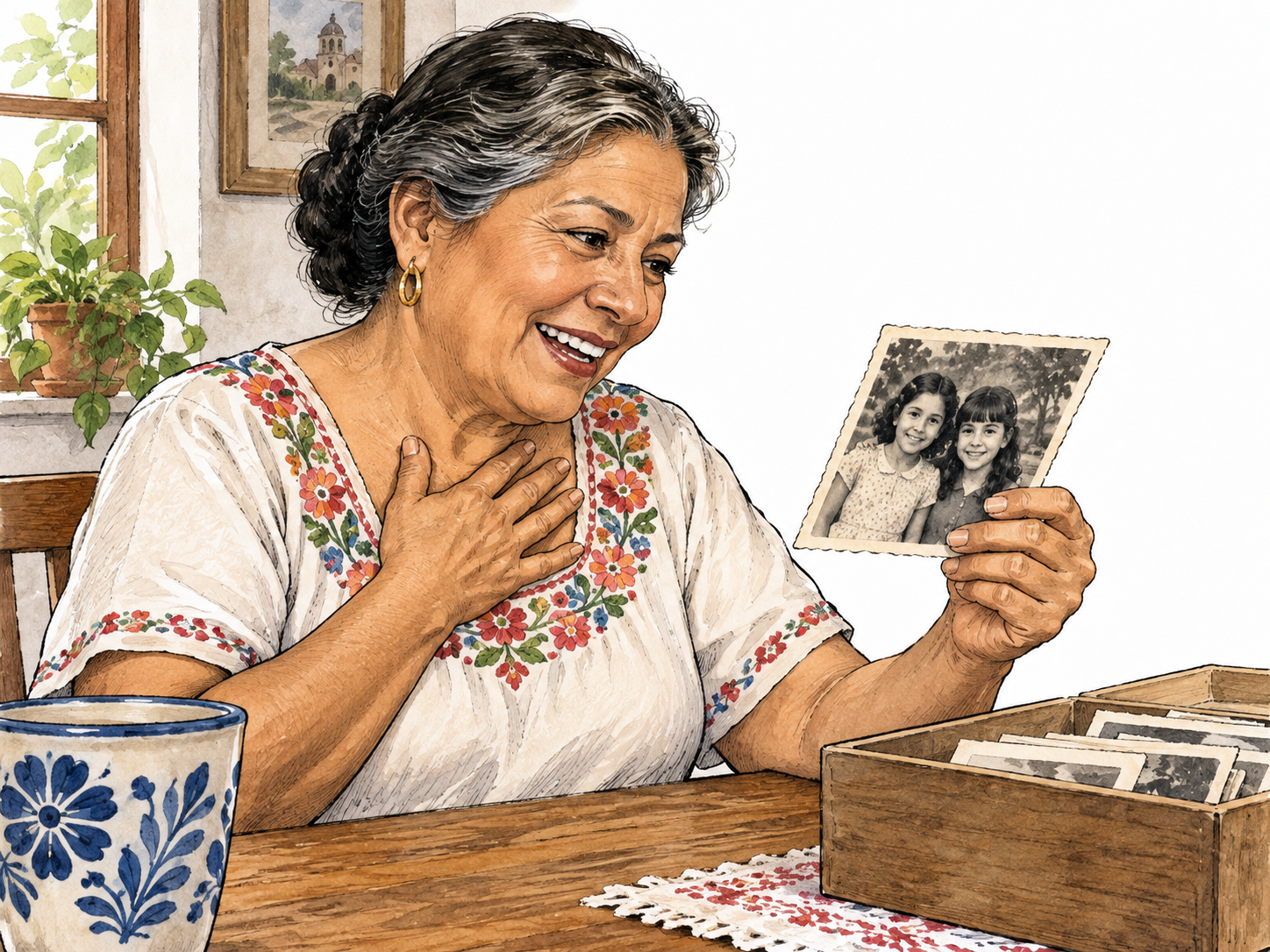 Older Latina recognizes childhood friend using old photo.
