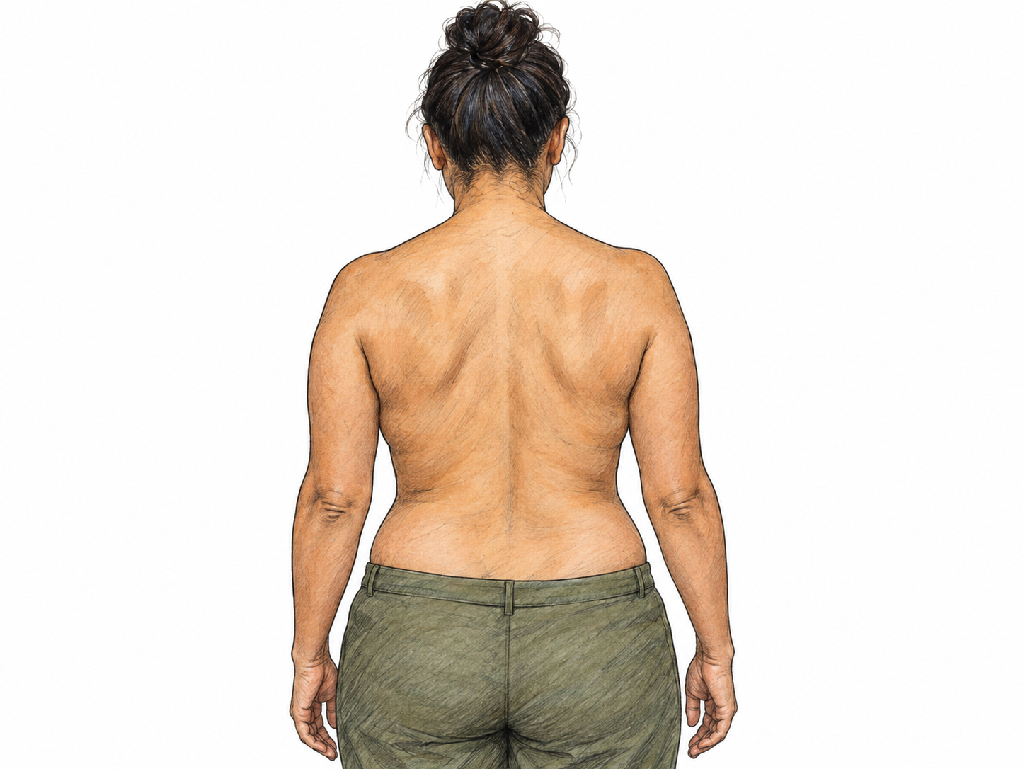 A close rear view of an adult woman's bare back, clearly showing the nape, shoulder blades, spine contour and waist down to the hips.