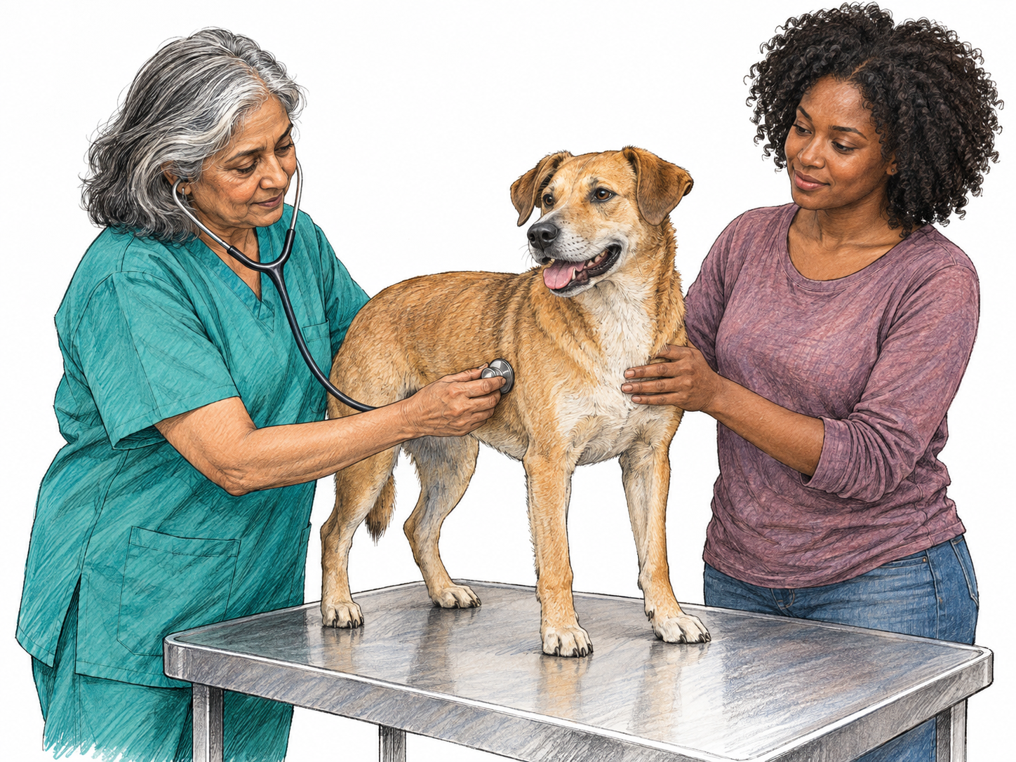An older veterinarian listens to a dog's chest with a stethoscope on an examination table while its young adult owner gently steadies it.