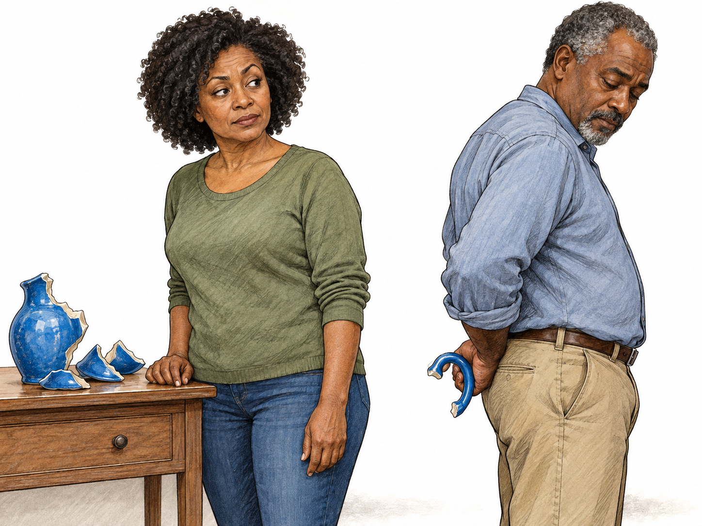 An accusation left unsaid: beside a freshly broken vase, a woman silently looks from the fragments to a man concealing the matching broken handle behind his back.