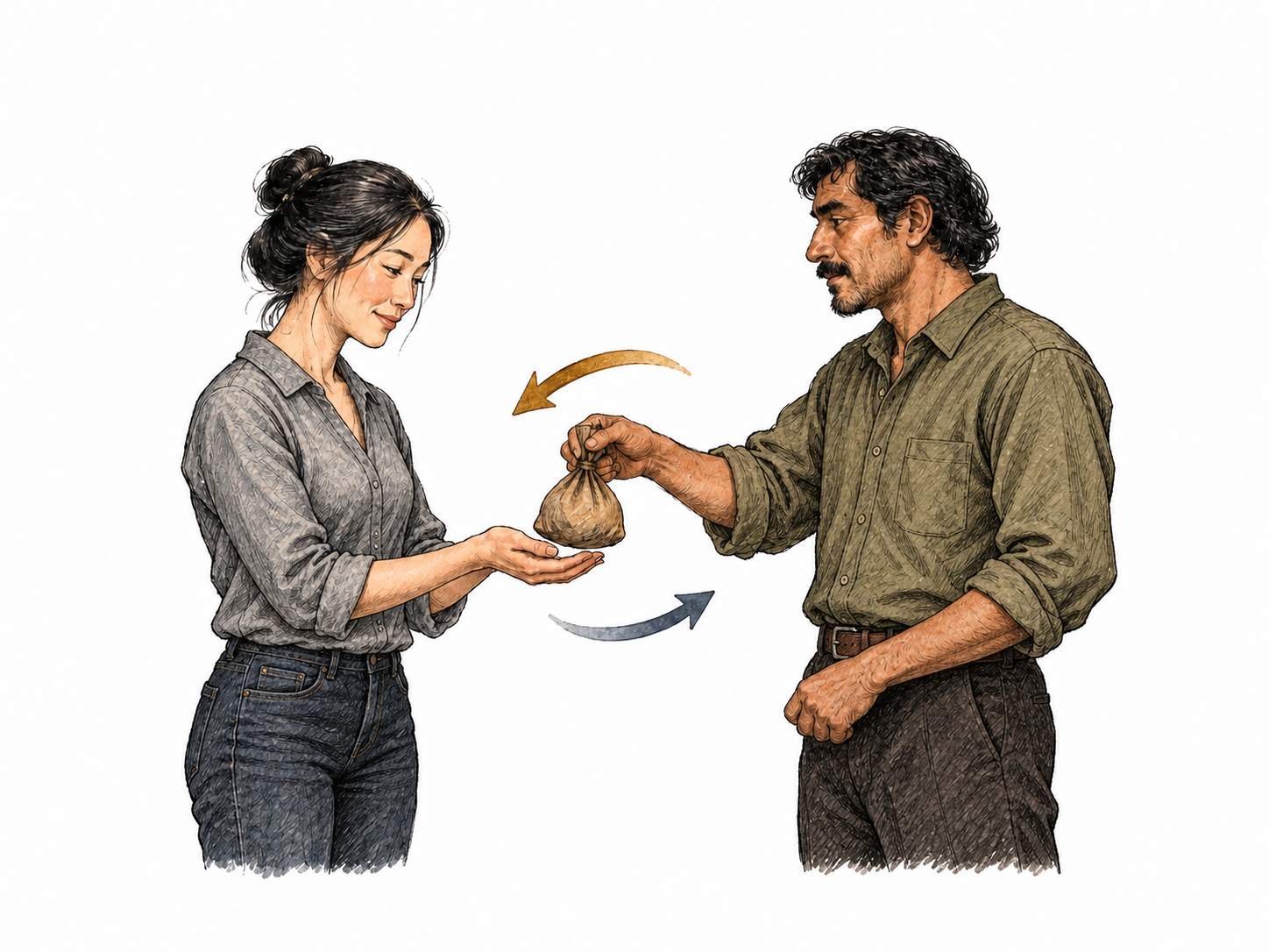 Borrower receives a small bag of coins from lender, a second simple return arrow marks obligation to return coins, no interest terms or words.