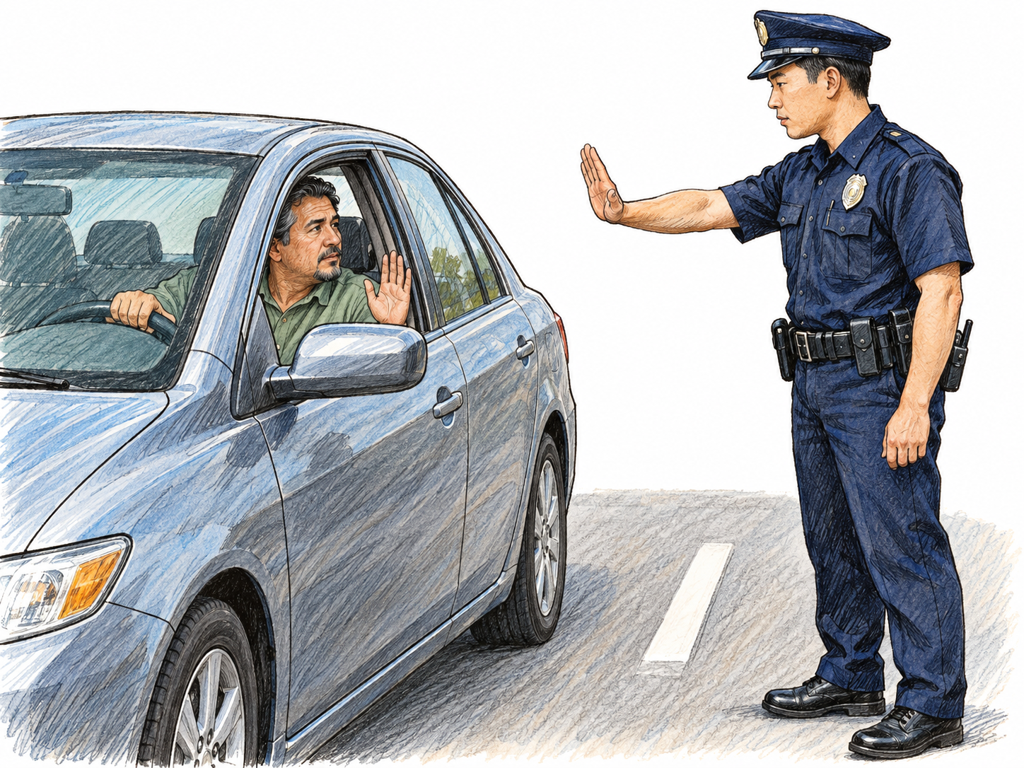 A uniformed traffic officer exercises authority over traffic: his raised palm stops a car, and its driver visibly complies.