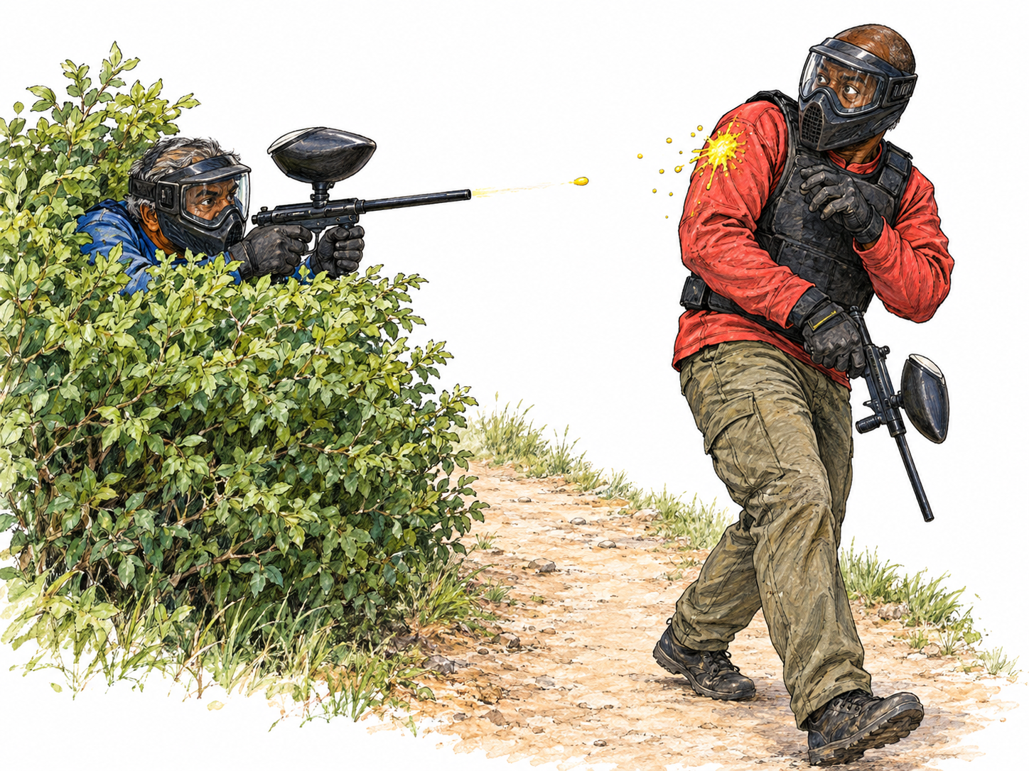 A concealed paintball player springs an ambush from behind dense bushes, firing at an opponent passing along an open trail.