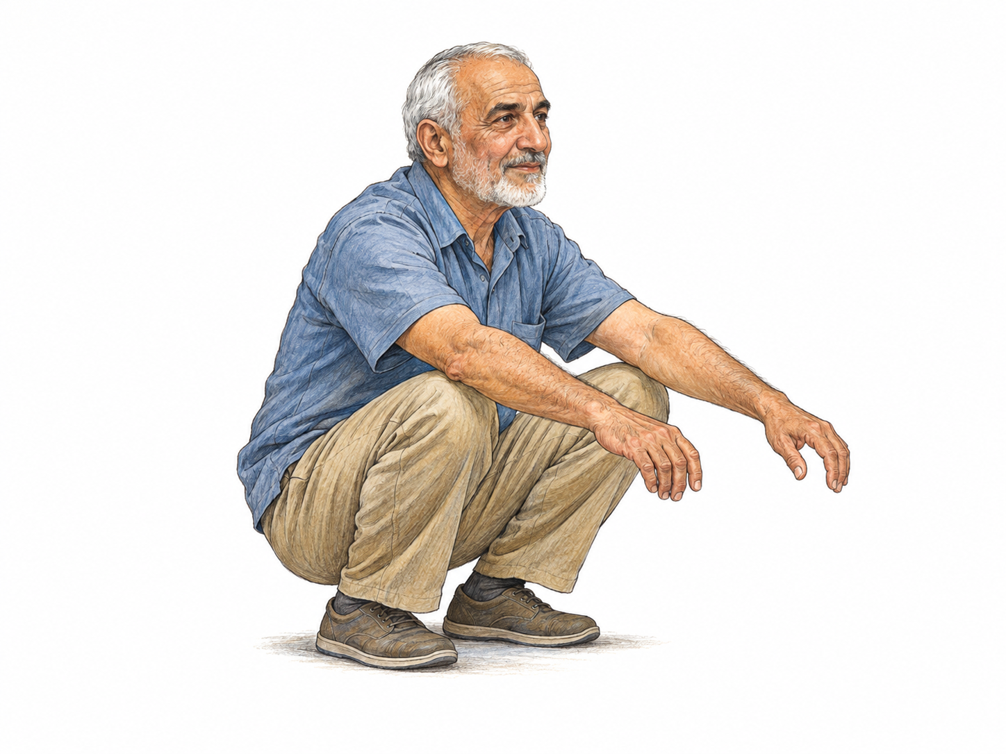 An older man holds a deep, balanced squat, shown in three-quarter side view with deeply bent knees, hips close to his heels, and both heels resting on the ground.