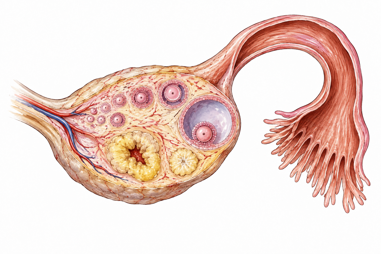 Educational anatomical ovary connected to fallopian tube, follicles visible in cutaway, neutral scientific presentation.