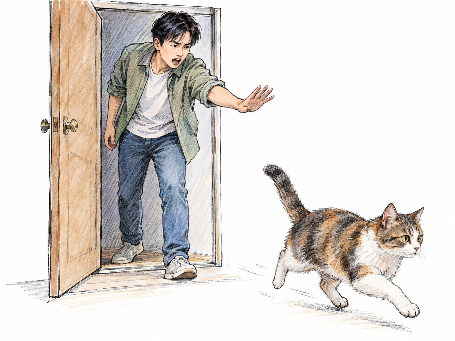 A young adult East Asian man sharply shoos a cat away from an open doorway; the cat darts away as he makes a decisive outward hand gesture.