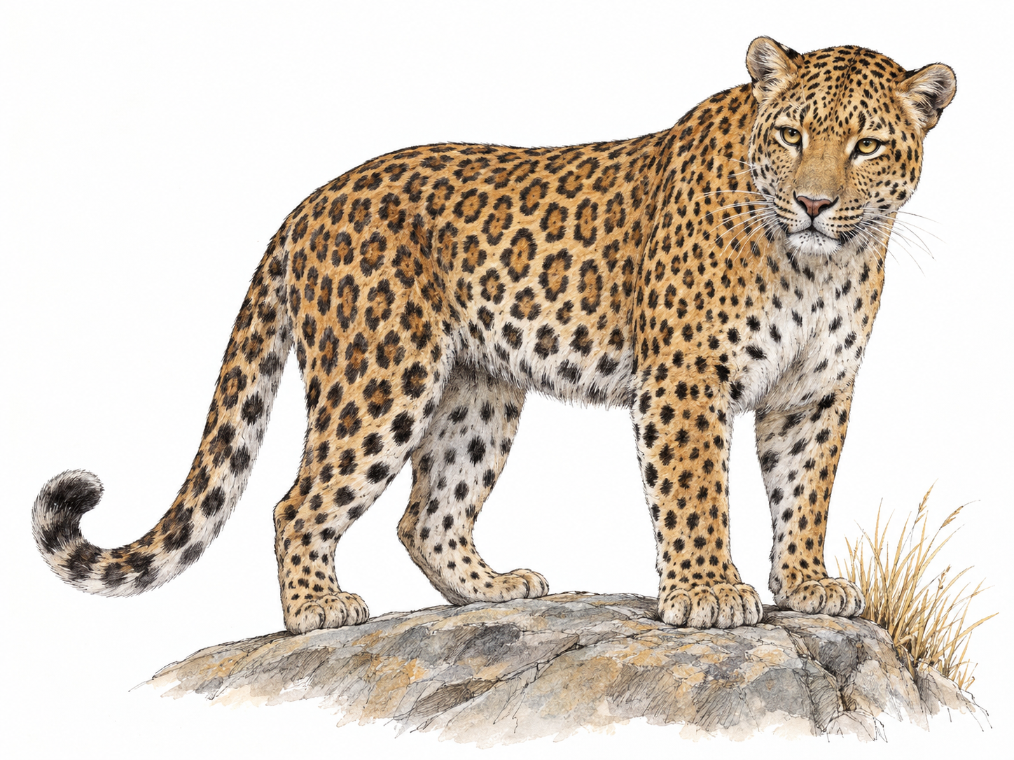 A single adult leopard stands in three-quarter side view on a low rock, its golden coat, dark open rosettes, muscular body and long curved tail clearly visible.