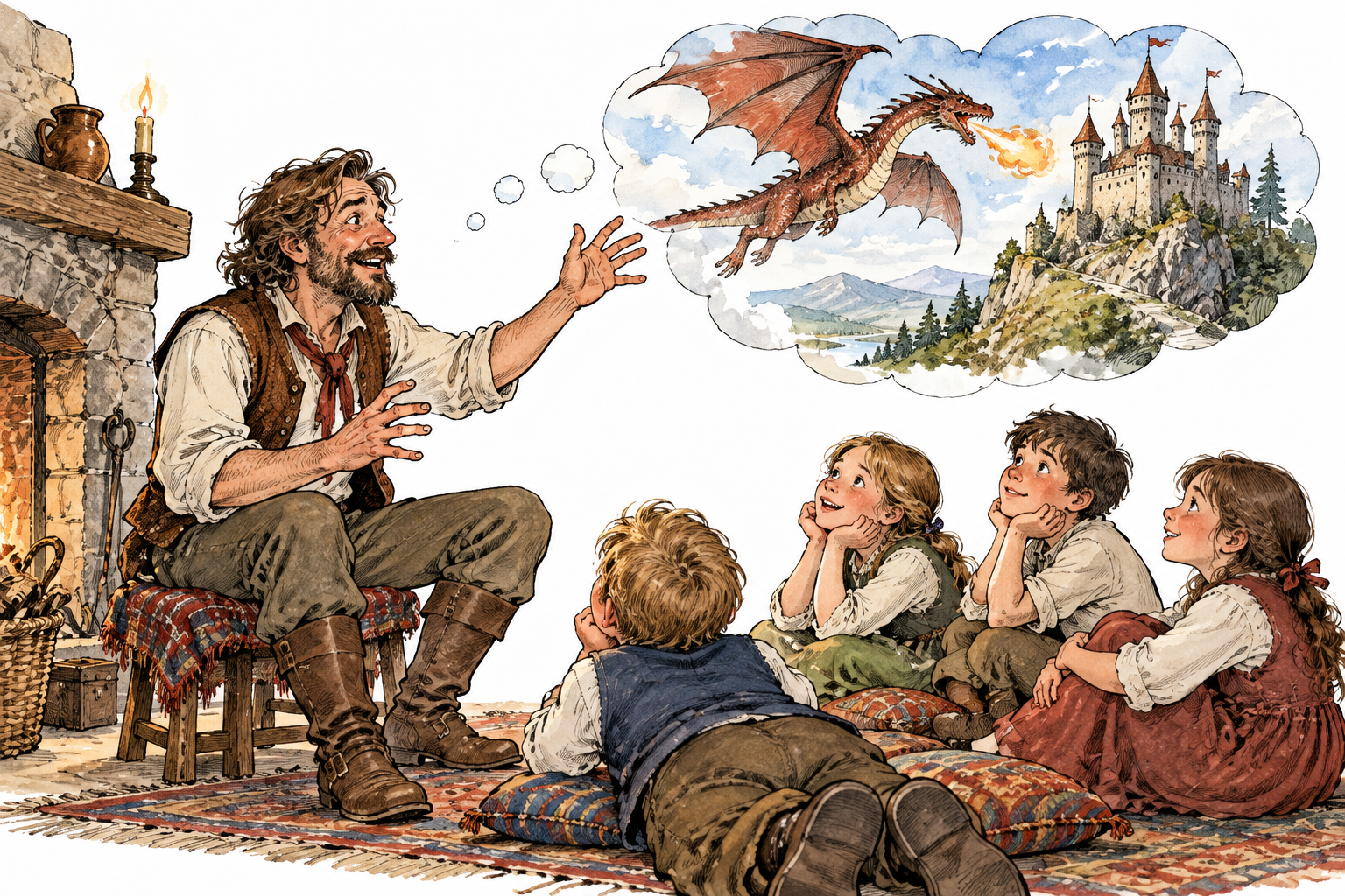 A storyteller recounts an imagined dragon adventure to enthralled children, small thought-cloud scene with dragon and castle, no text.