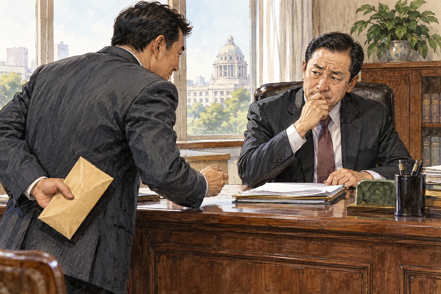 An official hesitates with a tempted expression as a visitor offers a hidden envelope beside routine paperwork, susceptibility to bribery visible, no writing.