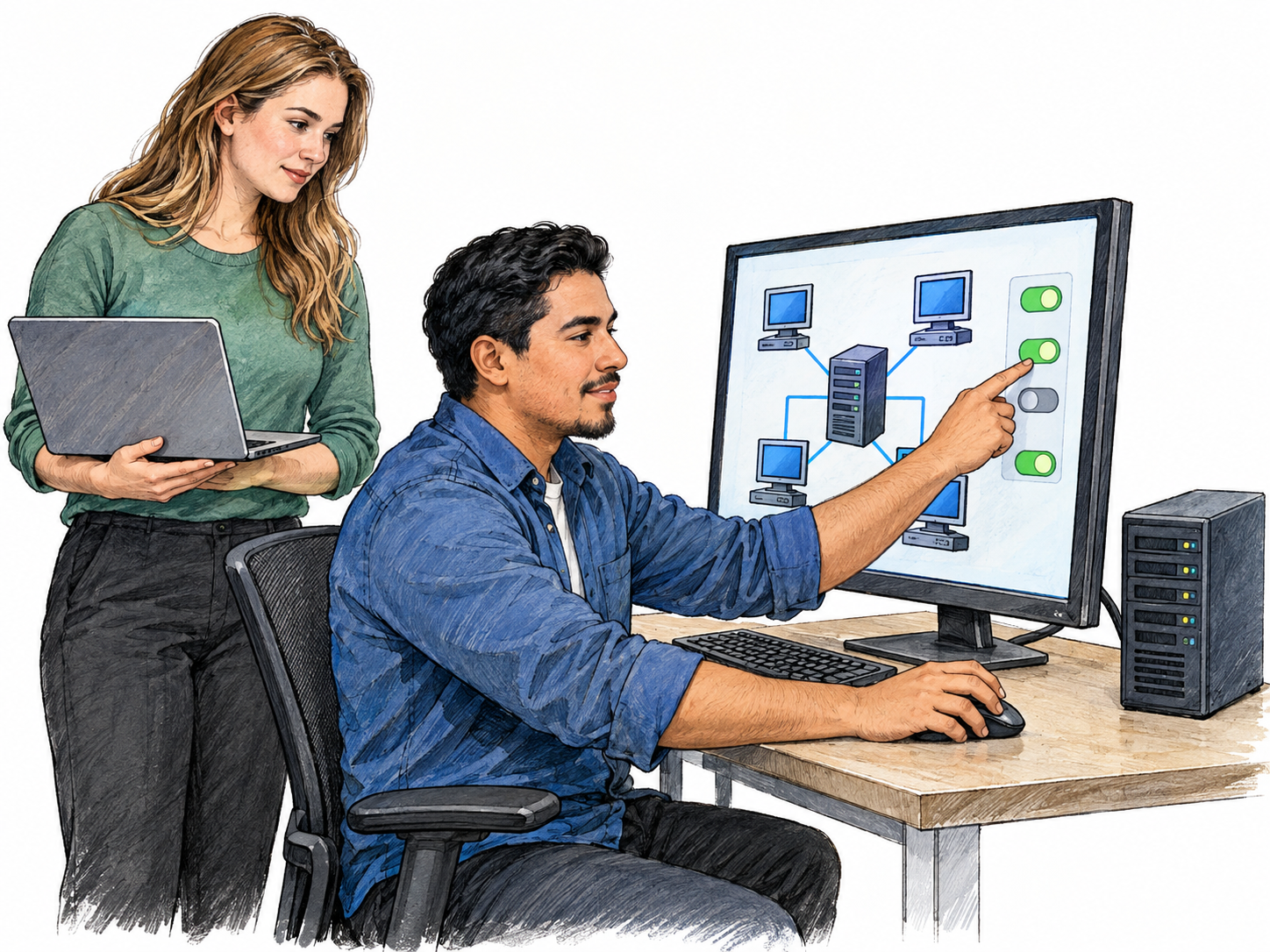 A system administrator manages several connected computers from a central console, using a clearly organized network dashboard while a colleague waits with her laptop.