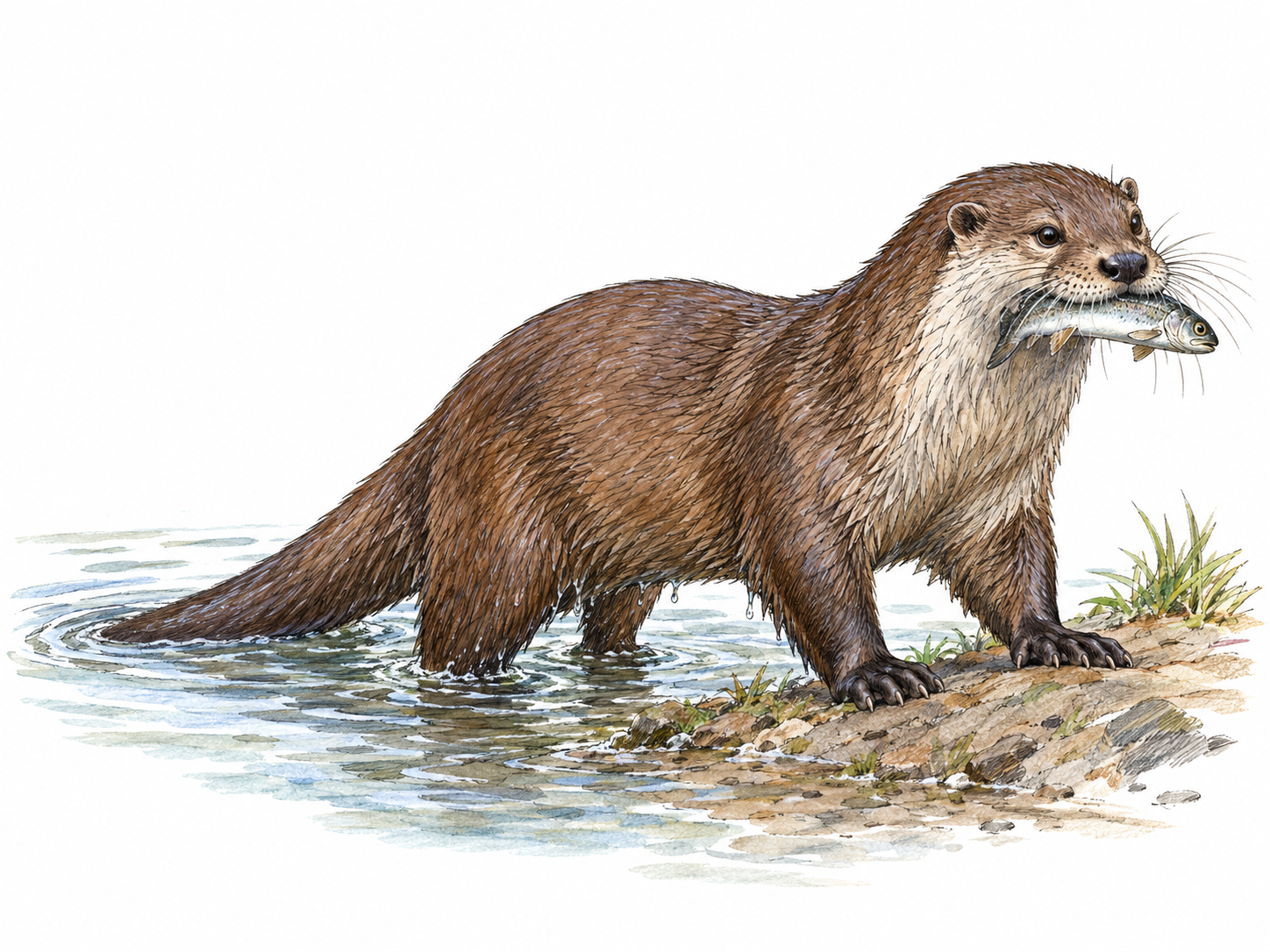 A sleek river otter emerges onto a low stream bank carrying a small fish in its mouth, with its long tapered tail, short legs, rounded ears and whiskered muzzle clearly visible.