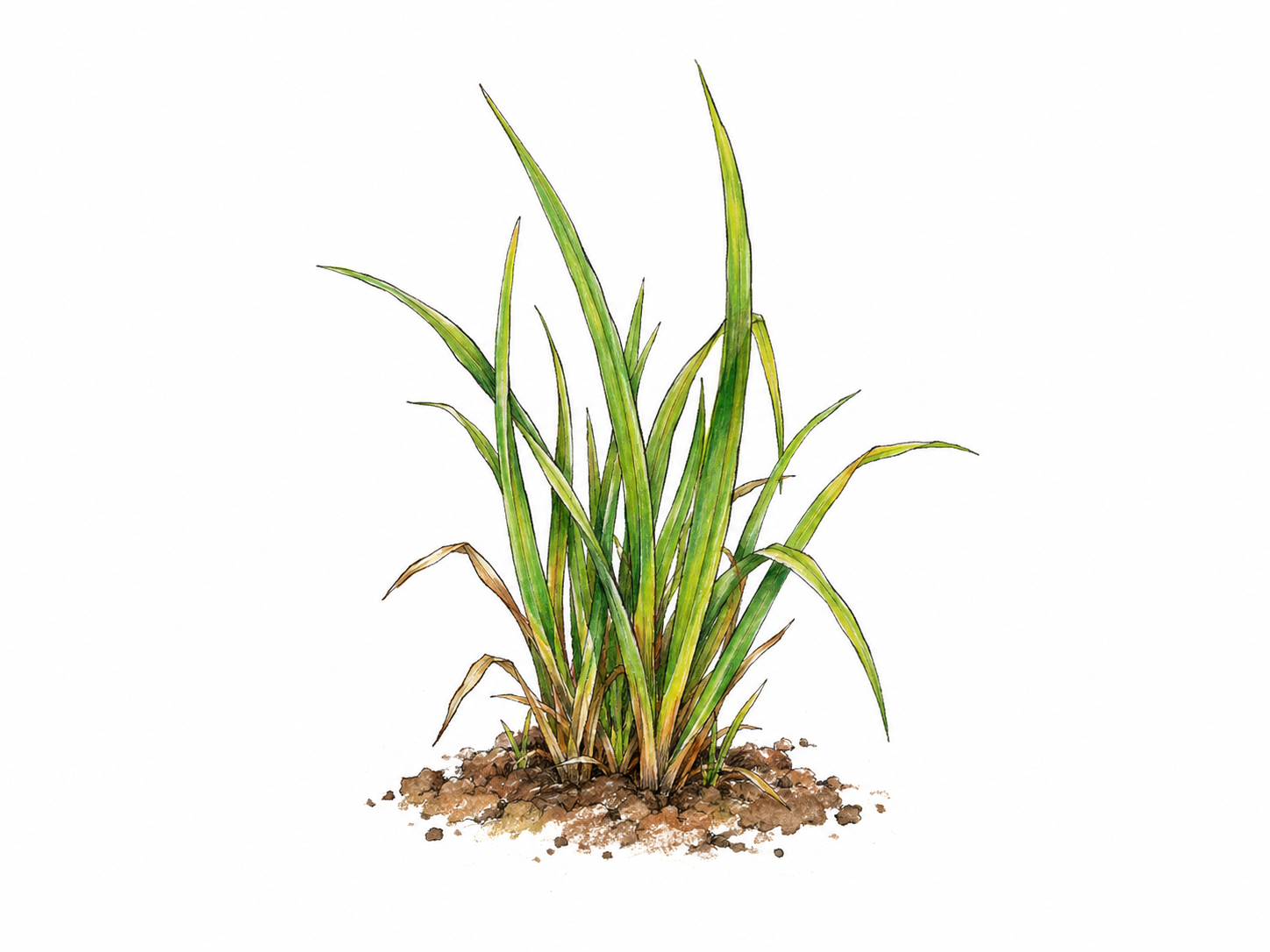 One small, compact tuft of grass growing from a tiny patch of earth, its narrow blades visibly gathered at a common base.