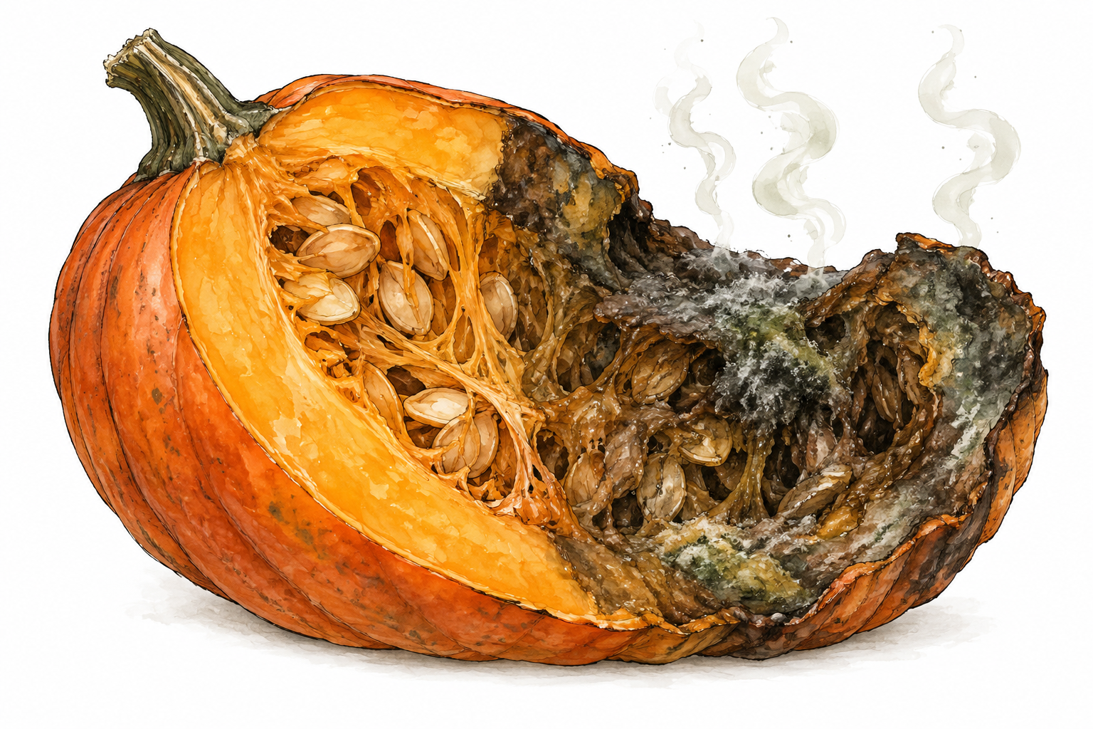 Half pumpkin decaying into soft darkened moldy pulp with odor wisps, botanical close-up.