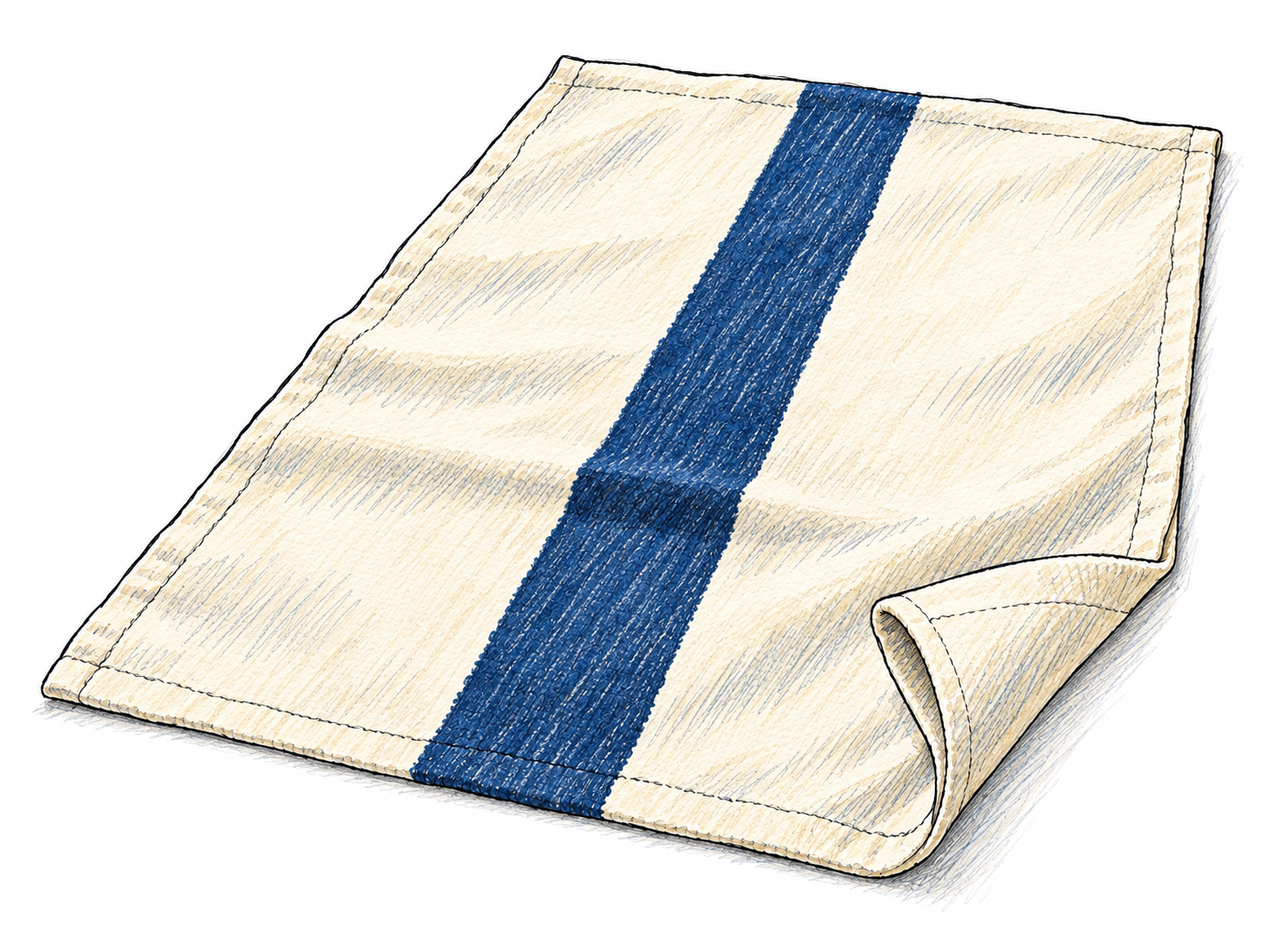 A plain cream cotton towel is spread flat with a single broad dark blue stripe running the full length down its center.