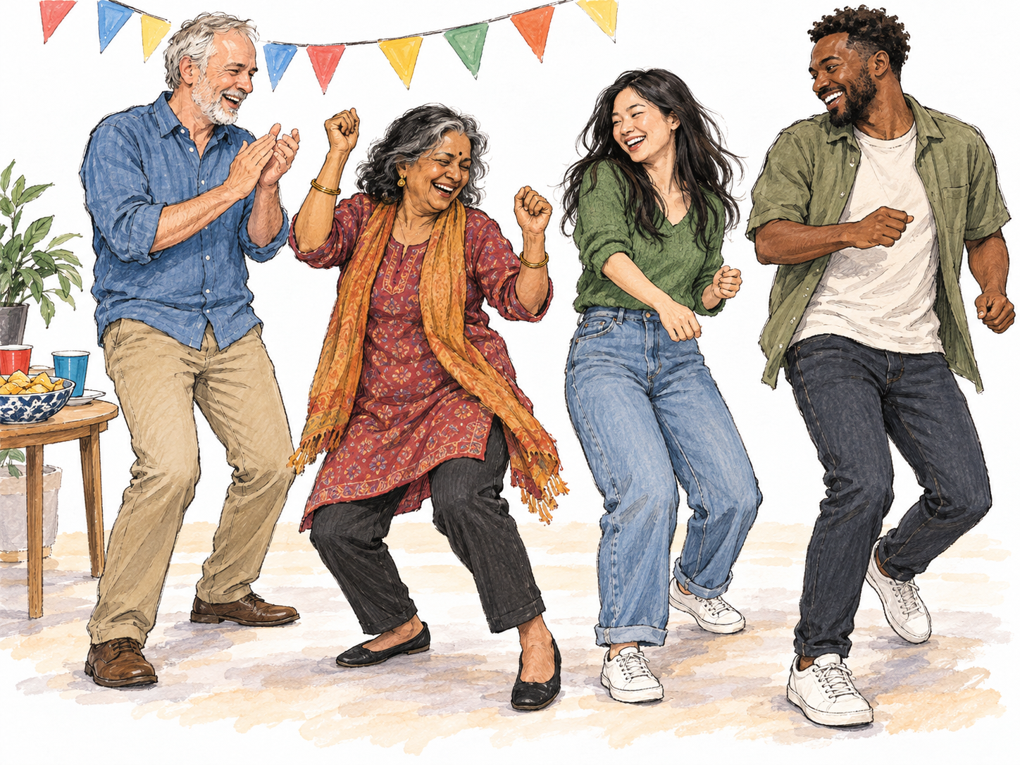 A small, exuberant house party: four adults laugh and dance beneath a short strand of colorful bunting, beside a modest refreshment table.