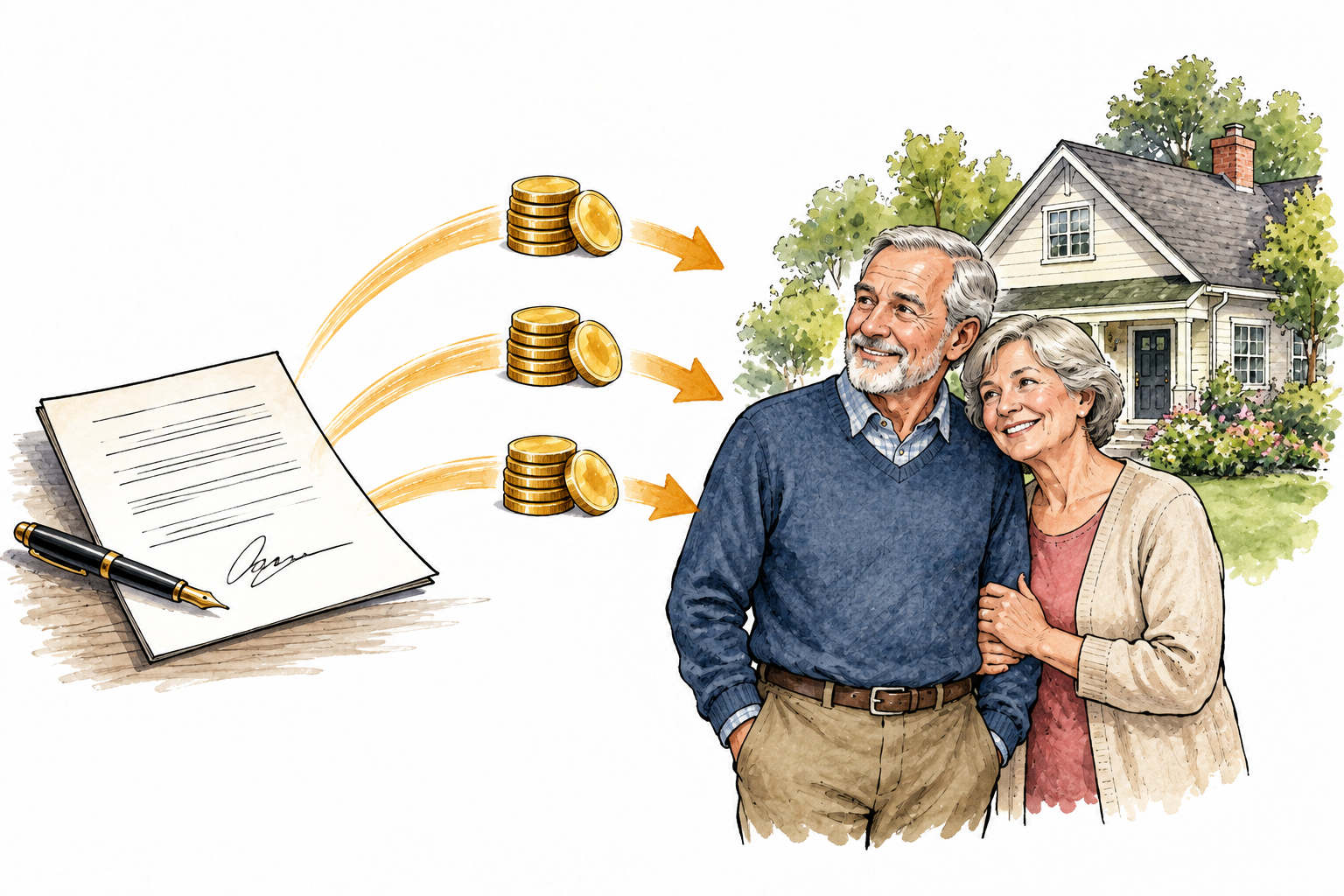 An older couple receives evenly spaced recurring coin payments shown from a signed blank contract toward their household, three equal coin groups with simple arrows, no text or numerals.