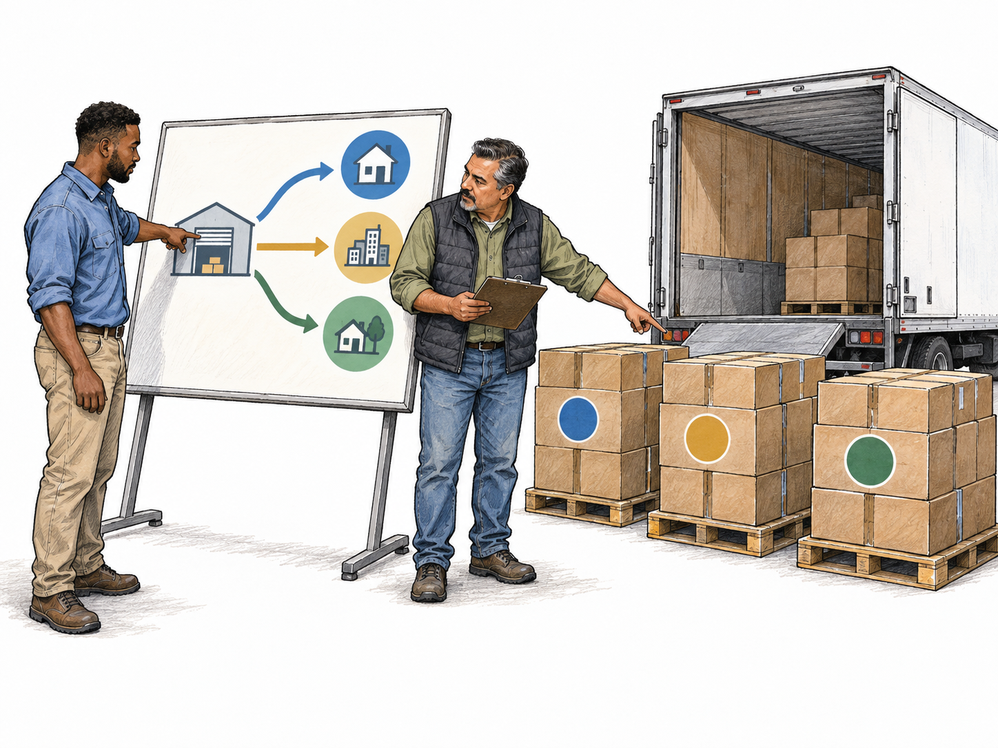 Two supply coordinators match a branching delivery-route diagram to three color-coded loads being staged beside a delivery truck.