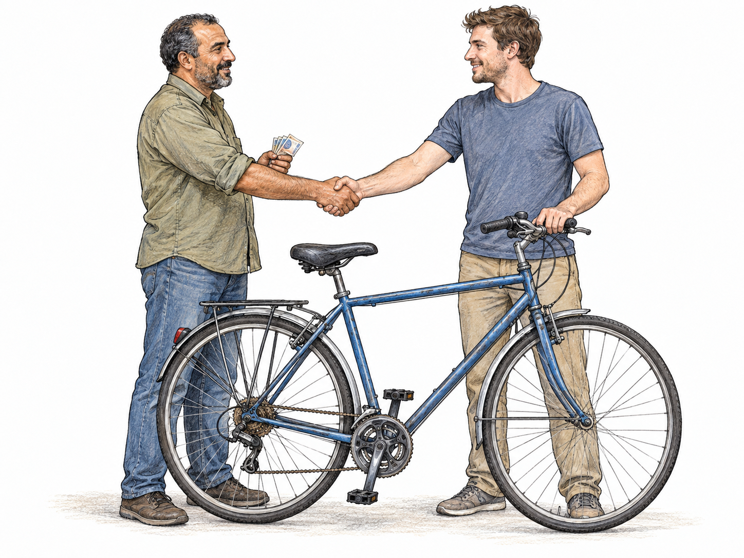 Two men seal a secondhand bicycle bargain with a handshake across the bicycle, with payment in the seller's free hand and the buyer holding the handlebars.