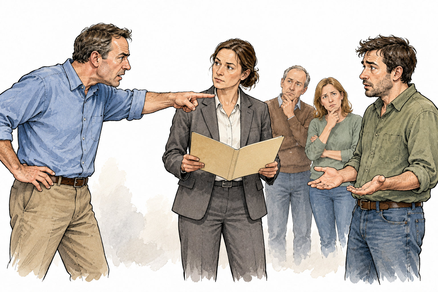 An adult accuser points toward a suspected person while a neutral investigator listens and holds an empty evidence folder, claim not established, puzzled others.