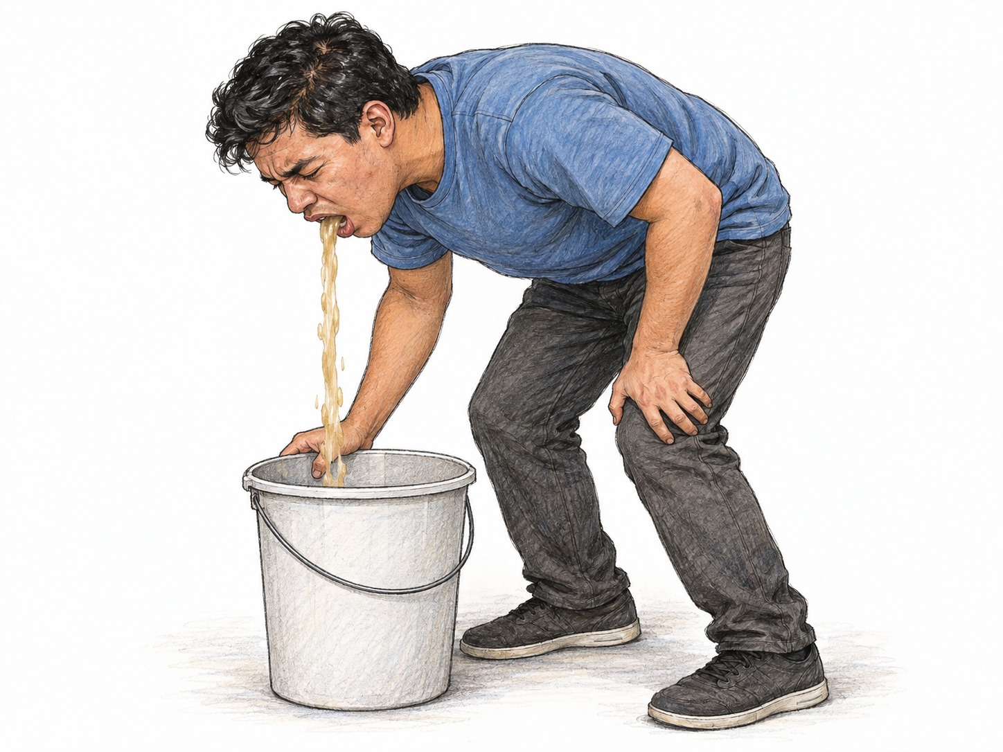 A young adult man bends over a plain bucket, visibly vomiting into it.
