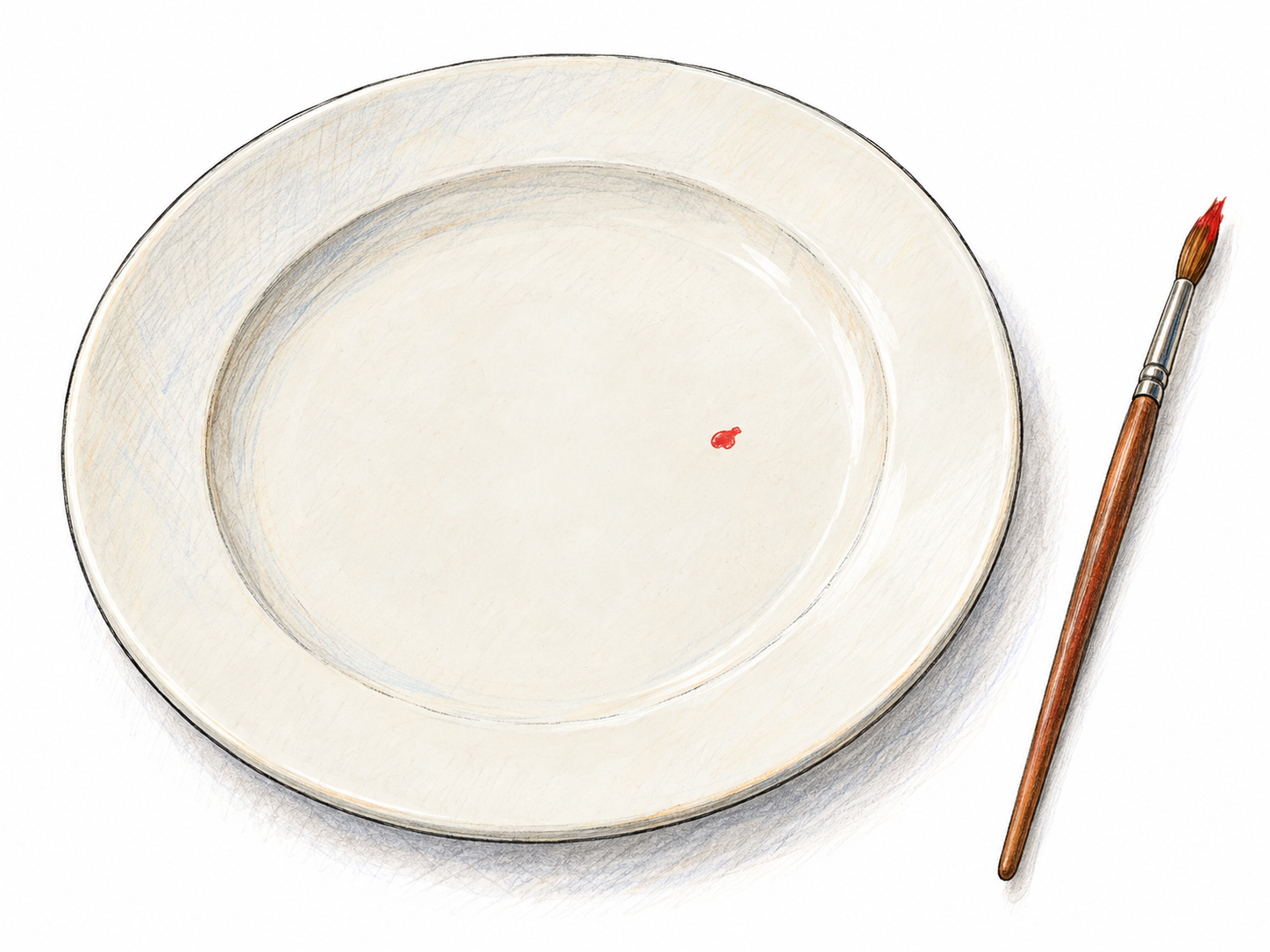 A close view of a plain ivory ceramic plate with one tiny, irregular red paint fleck on its otherwise spotless surface; a paintbrush with matching red paint rests beside it.
