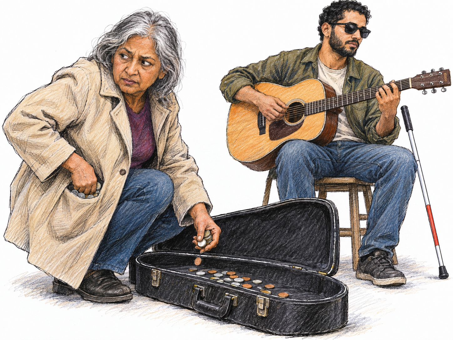 A passerby steals a blind street musician’s earnings, lifting coins from his open guitar case while concealing another handful in her pocket.