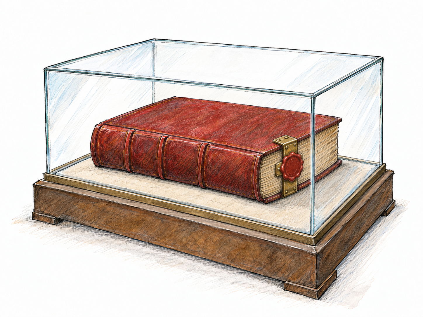 A revered ceremonial book rests unopened on a simple pedestal inside a clear protective case.