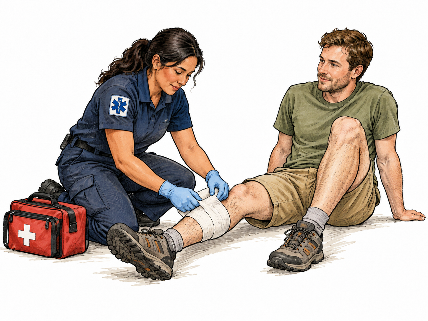 A medic kneels beside an alert adult with a minor leg injury, applying a simple bandage with medical kit nearby, calm first aid without blood.