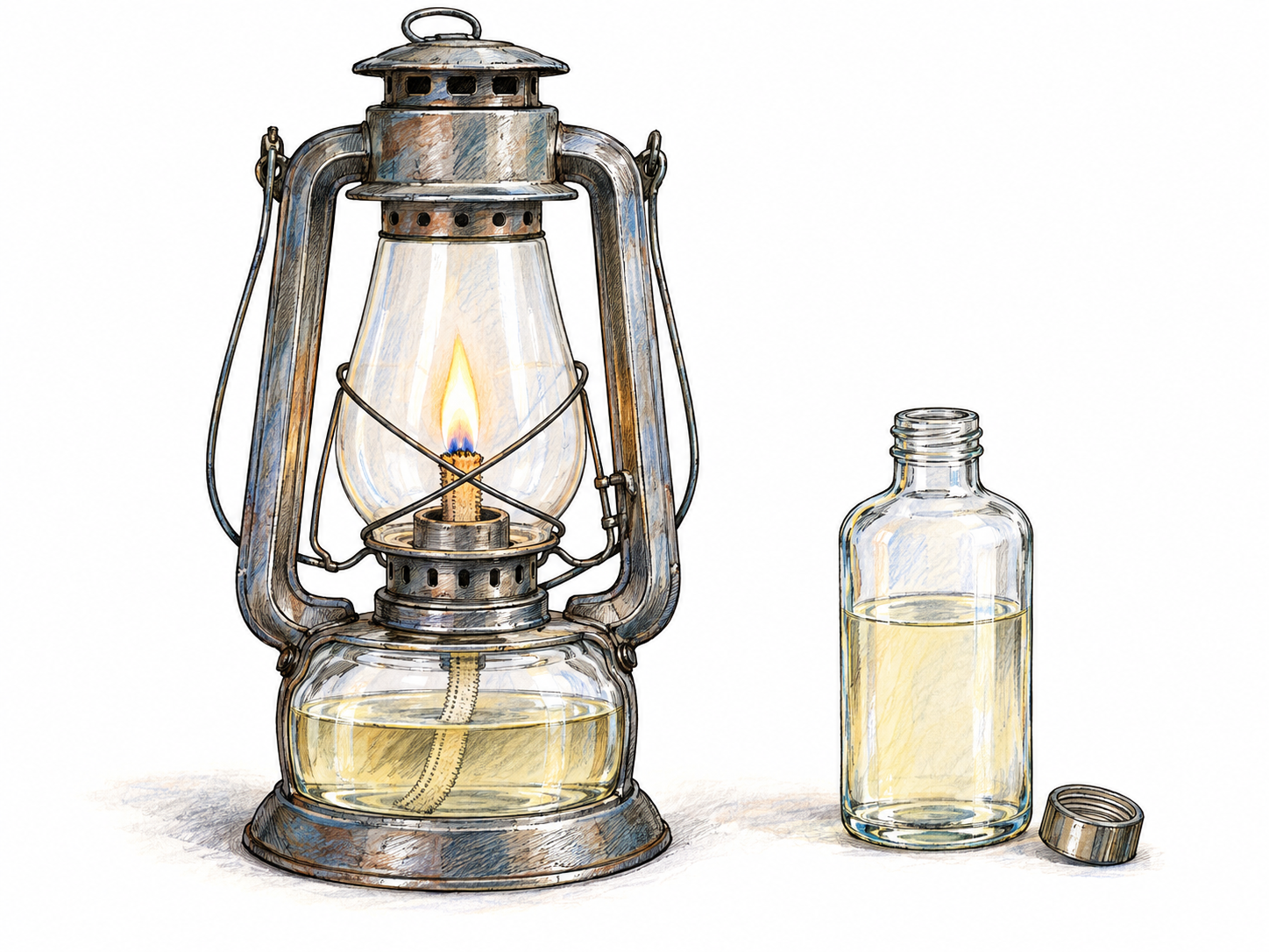 A kerosene hurricane lantern with a small steady flame and a visibly half-filled glass fuel reservoir, beside an uncapped fuel bottle containing the same clear oil.