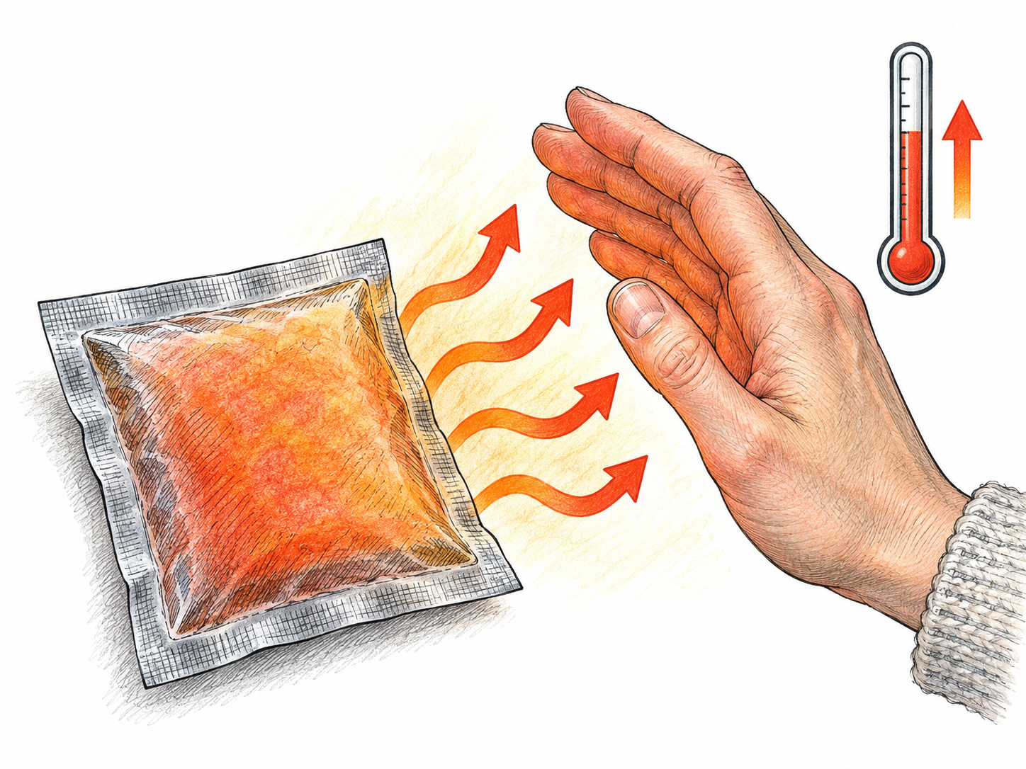A sealed hand-warmer packet is shown with heat arrows moving OUT toward a nearby hand and a rising thermometer cue; exothermic release, no preparation steps.