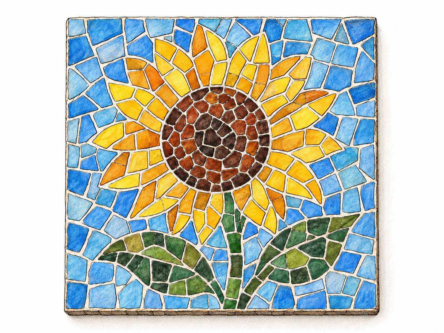 A square mosaic panel depicting a bright sunflower, visibly assembled from many small colored tile pieces separated by narrow grout lines.