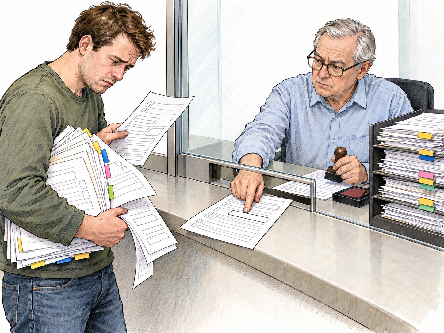 At an official service counter, an applicant faces a cumbersome packet of forms while a clerk requires another form before stamping the application.
