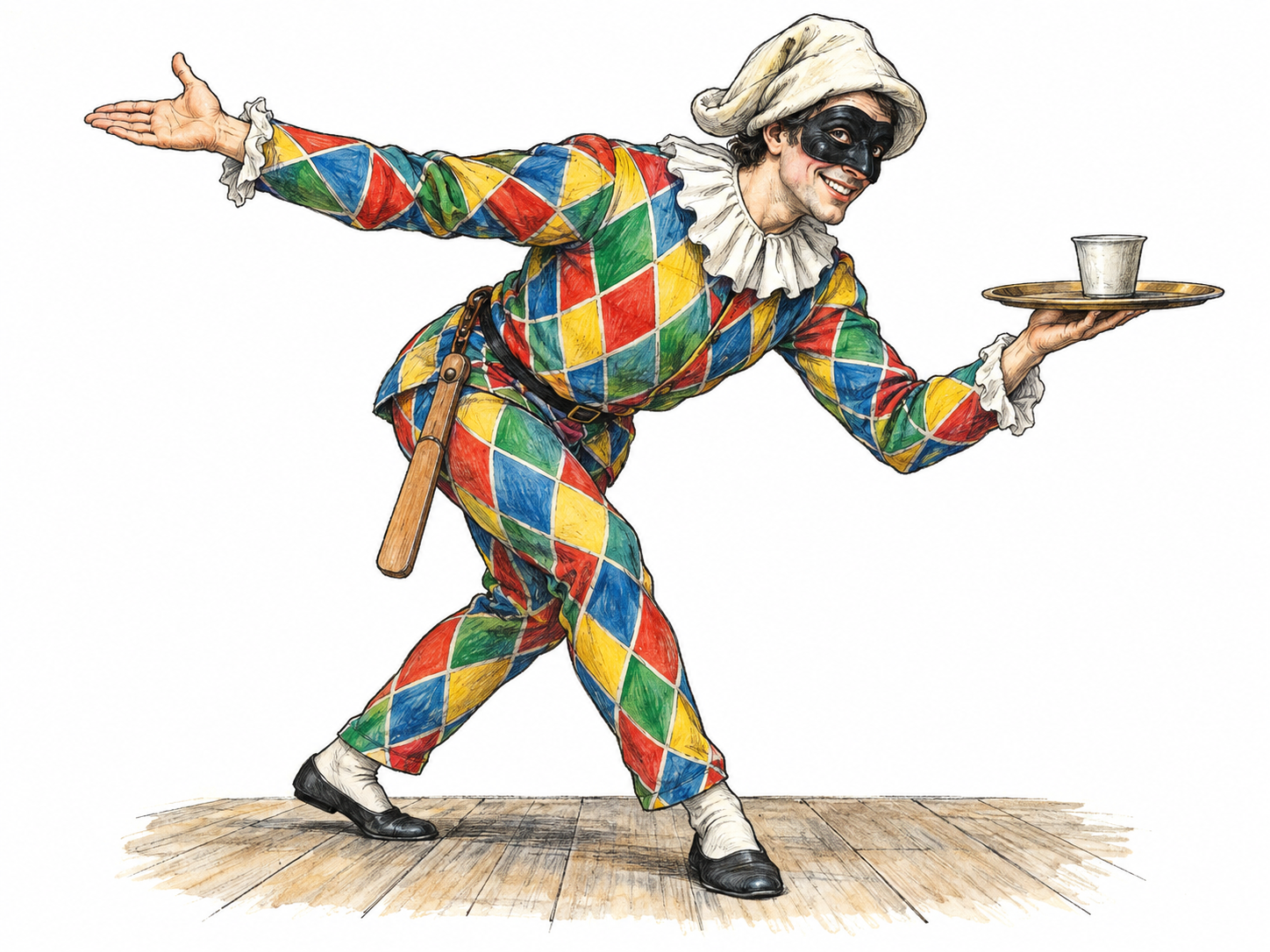A traditional Italian stage Harlequin in a colorful diamond-patterned costume and black half-mask performs a comic, exaggerated servant's bow while balancing a small serving tray.