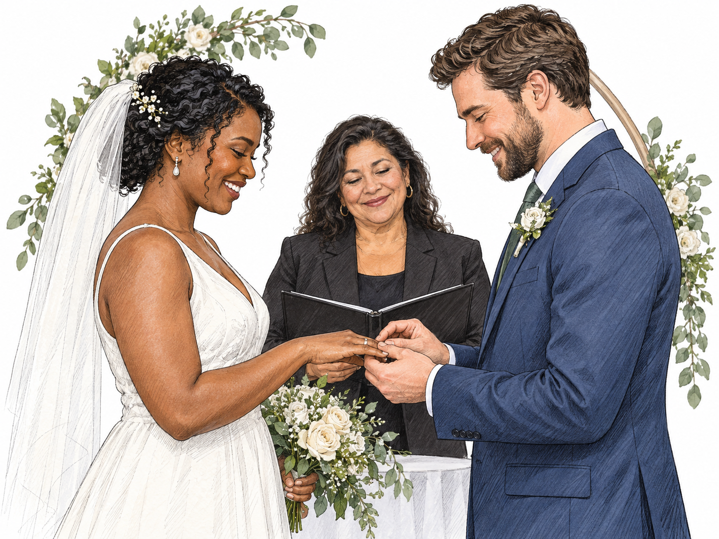 Two adult spouses exchange rings in a wedding ceremony with one officiant, joyful but natural; clear nuptials action, no religious assumptions beyond chosen setting.