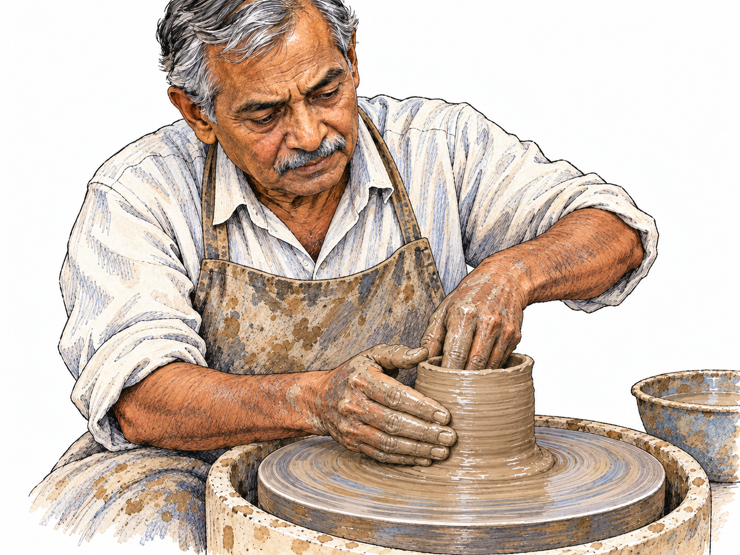 A potter creates a new vessel from a lump of wet clay, with both hands visibly shaping its emerging walls on a pottery wheel.