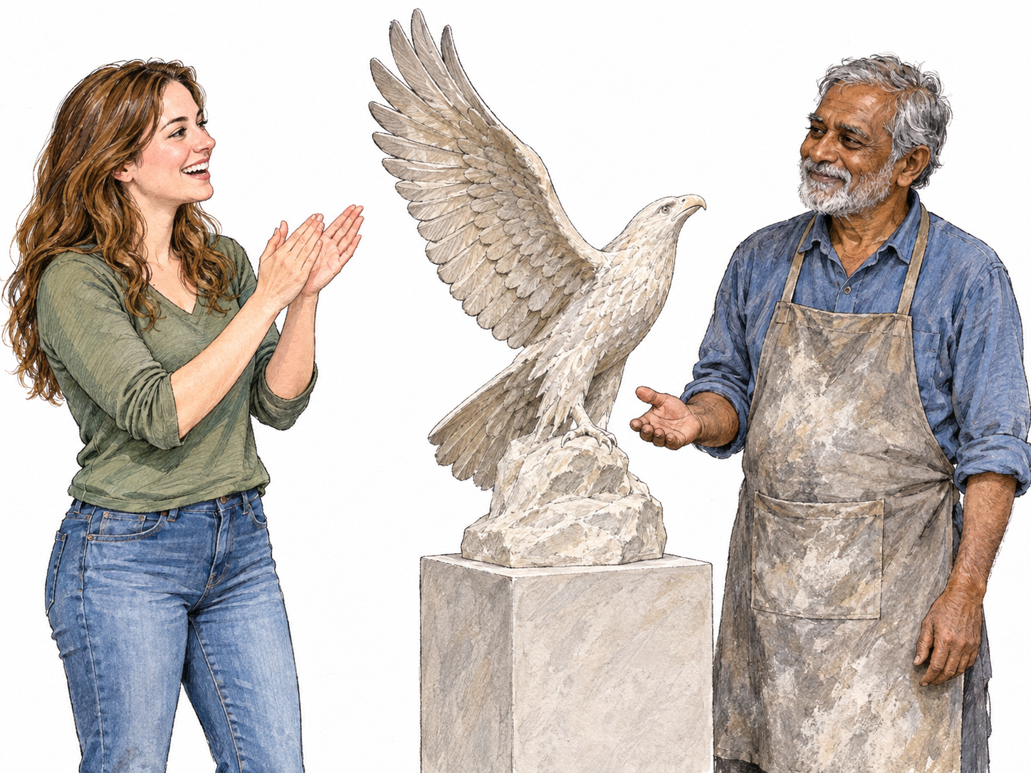 A young woman enthusiastically applauds an older sculptor beside his finished sculpture, visibly expressing high admiration for his work.