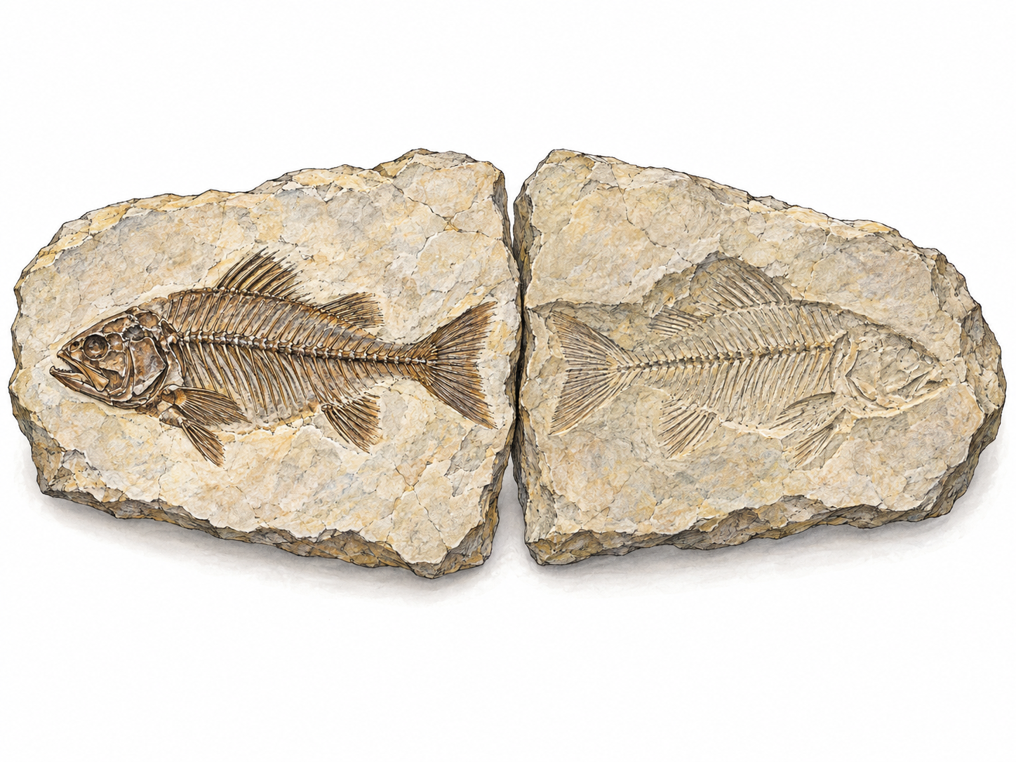 An unmistakable fish fossil preserved in a split stone: the articulated skeleton and matching impression provide tangible evidence of once-living animal life.