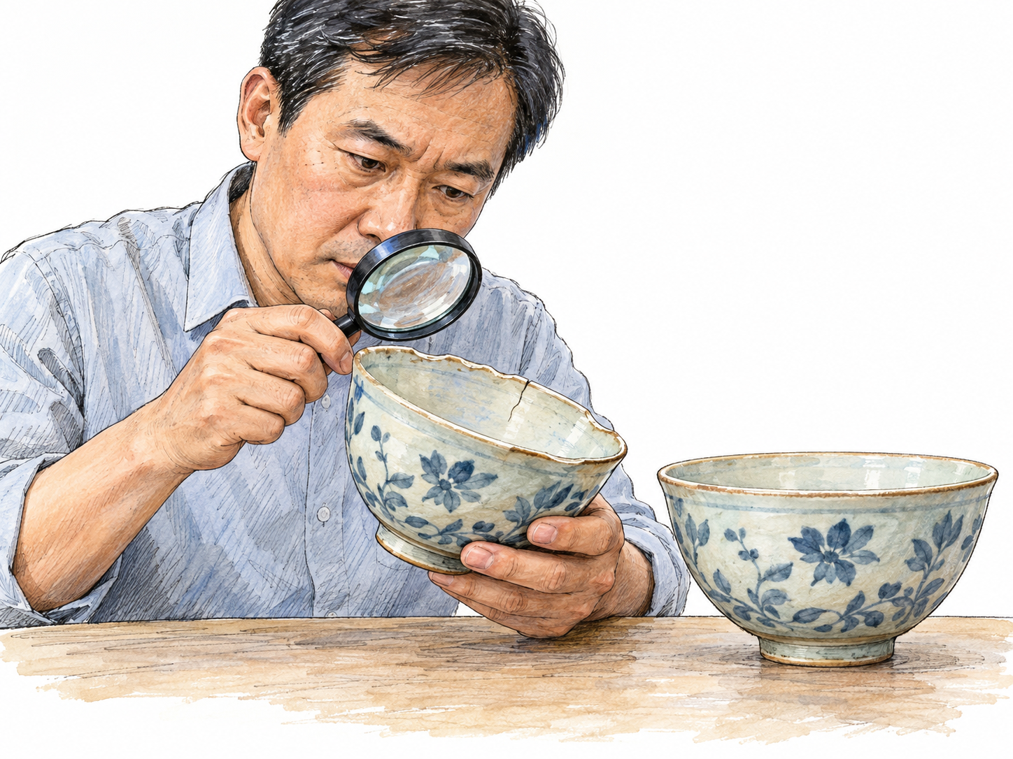 A ceramic-quality evaluator closely examines a bowl’s uneven rim and hairline crack through a magnifying glass, comparing it with an intact bowl of the same design.