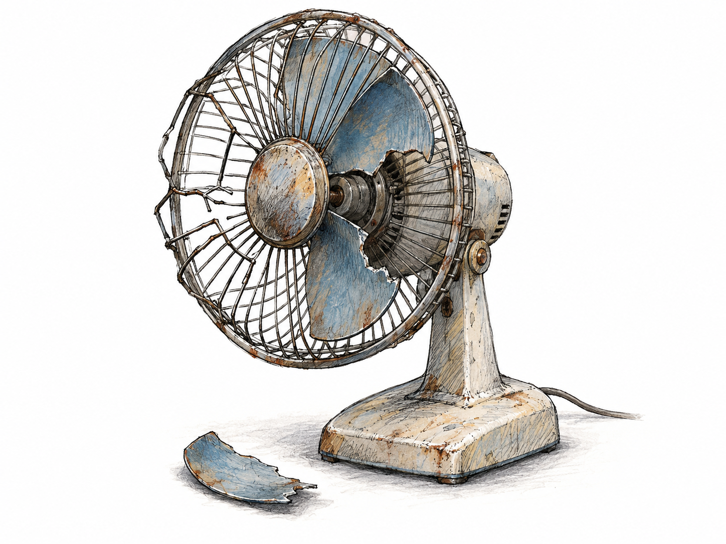 A broken desk fan with a cracked protective grille and snapped blades, its detached blade fragment resting beside it, plainly beyond use.
