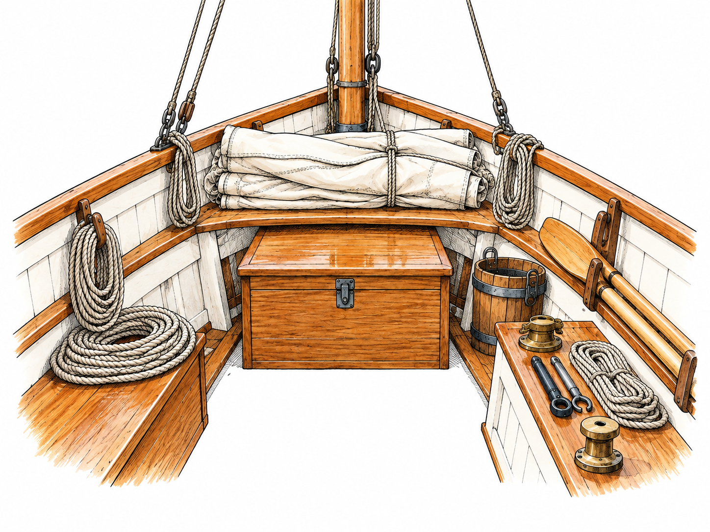 Tidy small boat interior with coiled ropes, folded sail and clean aligned tools.