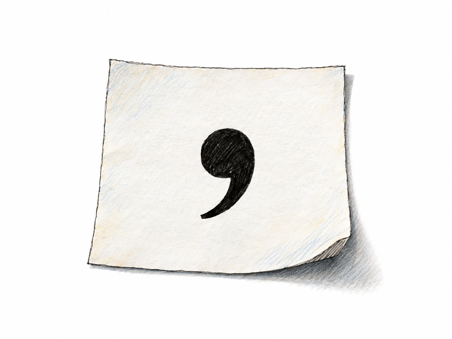 A close-up of a single black comma printed on a small white paper slip, emphasizing its rounded head and curved descending tail so it is unmistakably a punctuation mark.