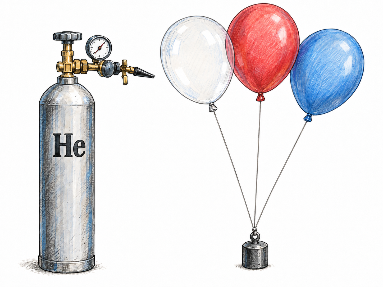 A helium cylinder beside buoyant balloons, with the functional chemical label “He” identifying the otherwise invisible gas.