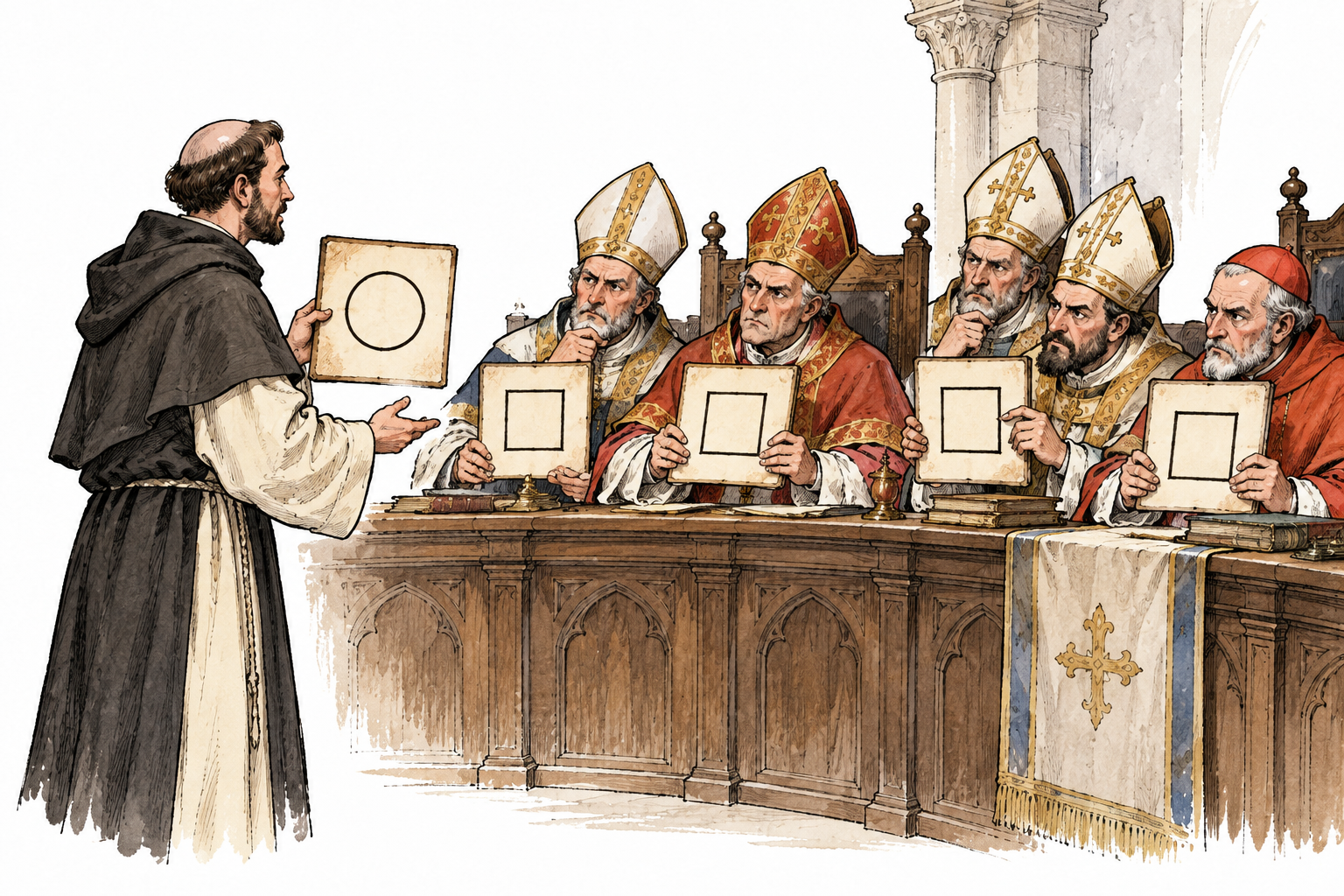 In historical religious council, one member presents a different geometric doctrine symbol on tablet while council holds matching contrary symbols, sober disagreement, no text.
