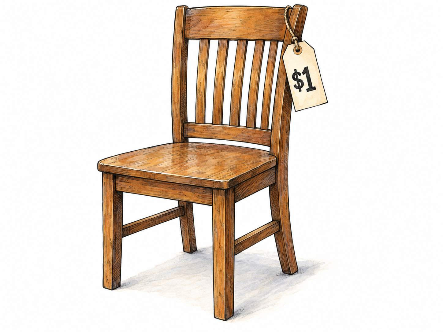 A sturdy, full-size wooden chair offered for just $1, with a large attached price tag making the unexpectedly low cost immediately visible.