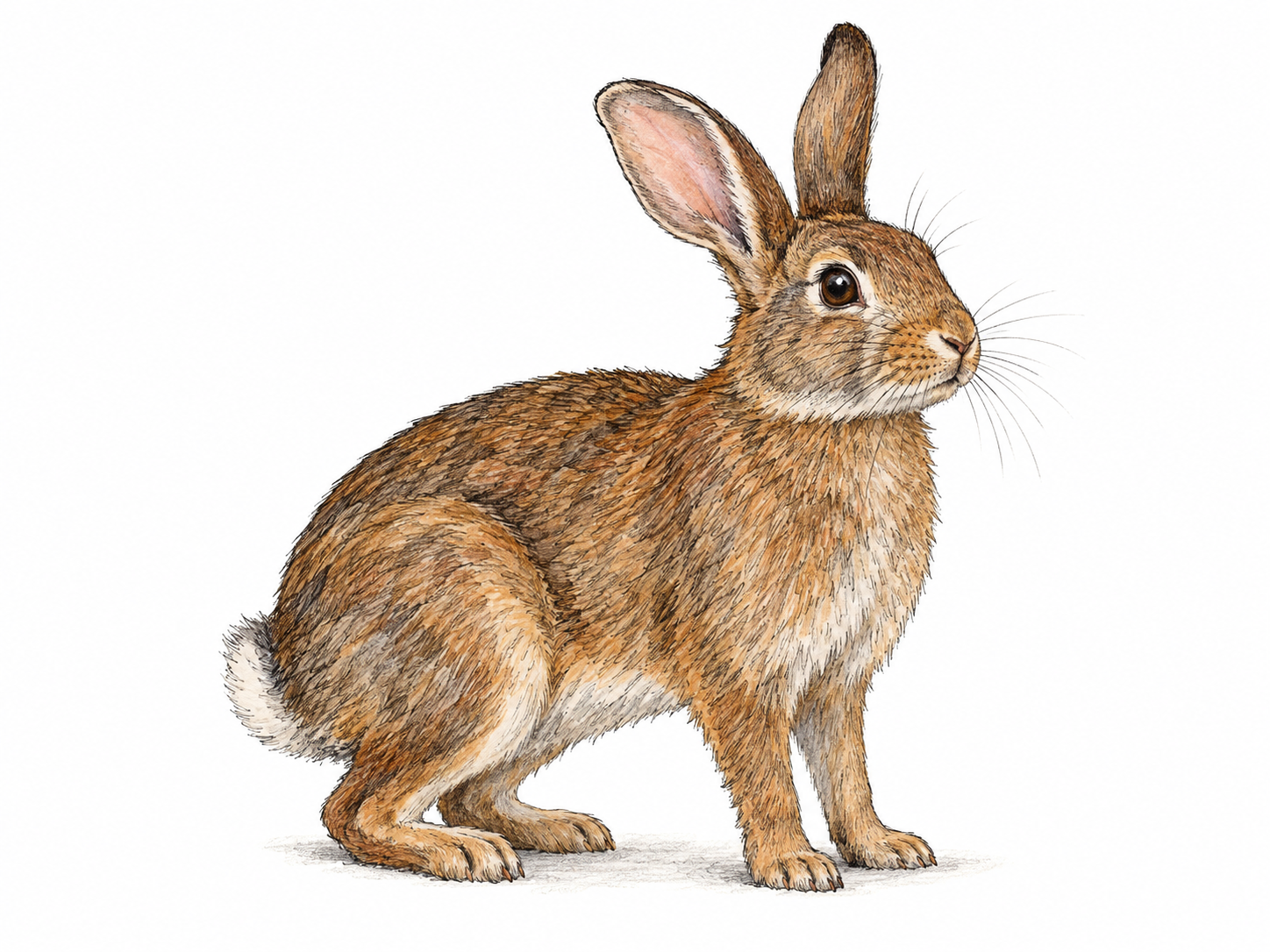 A clearly recognizable living rabbit, alert on all four paws with one ear turned and its nose raised, provides a simple concrete example of an animal.