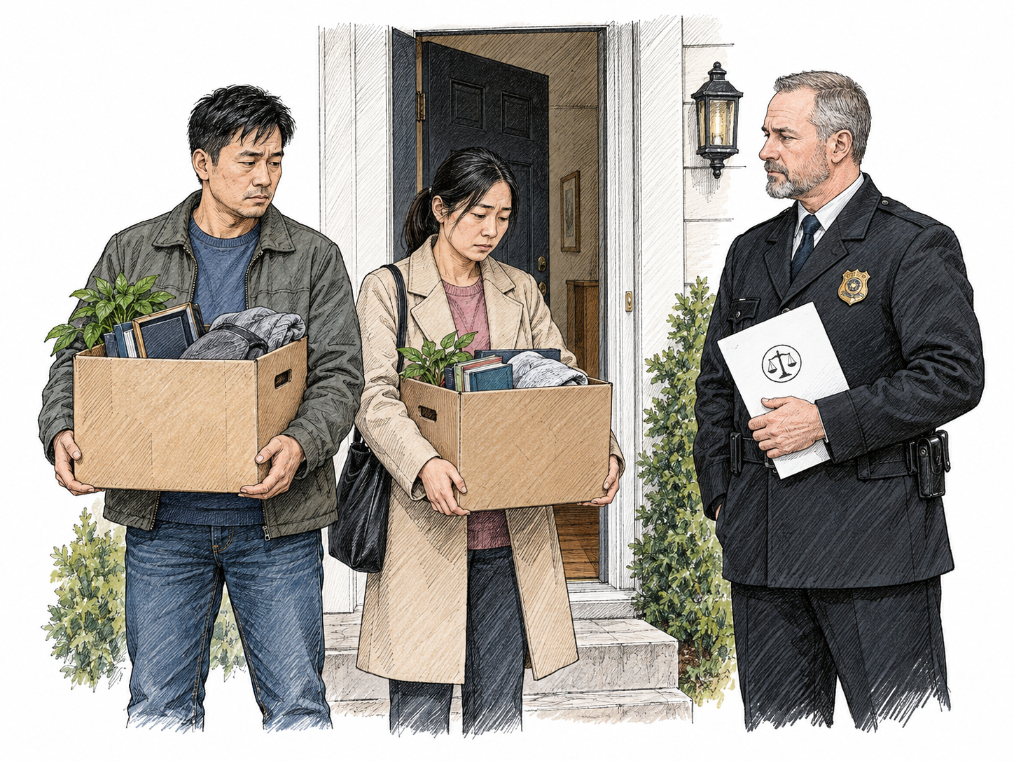 An adult couple stands outside their former doorway with two packed boxes while a court officer supervises the completed departure and retains a paper with a small scales seal.