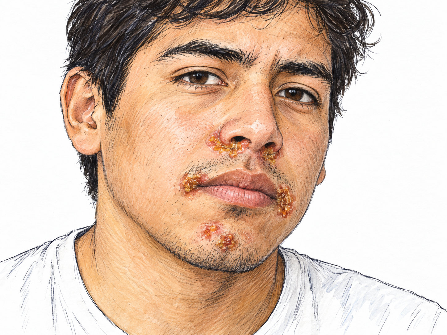 A close three-quarter portrait of a young adult man with characteristic localized honey-colored crusted sores around the nostrils and mouth.